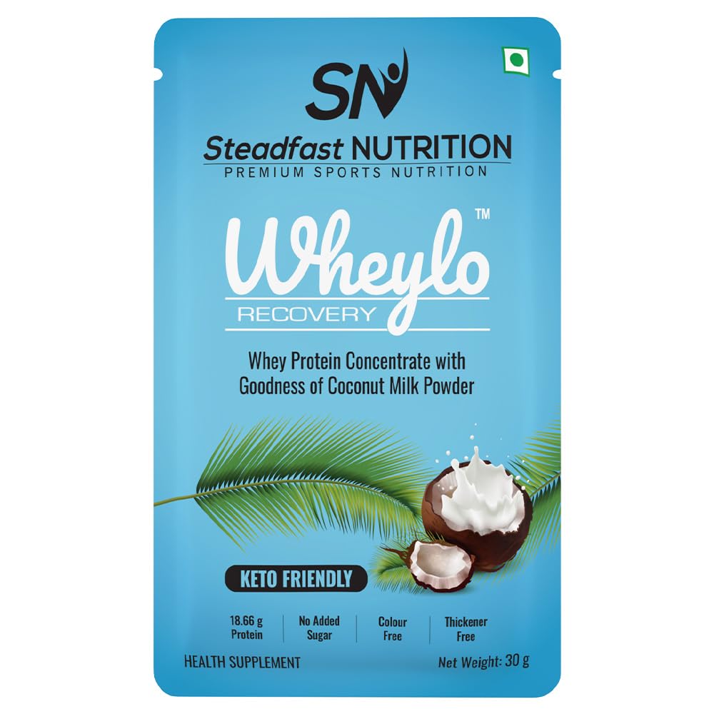 Wheylo Whey Protein Concentrate 80% | Keto Friendly | Contains 18.66g multifunctional Whey protein for muscle recovery and growth | Goodness of Coconut milk powder (30 sachets)