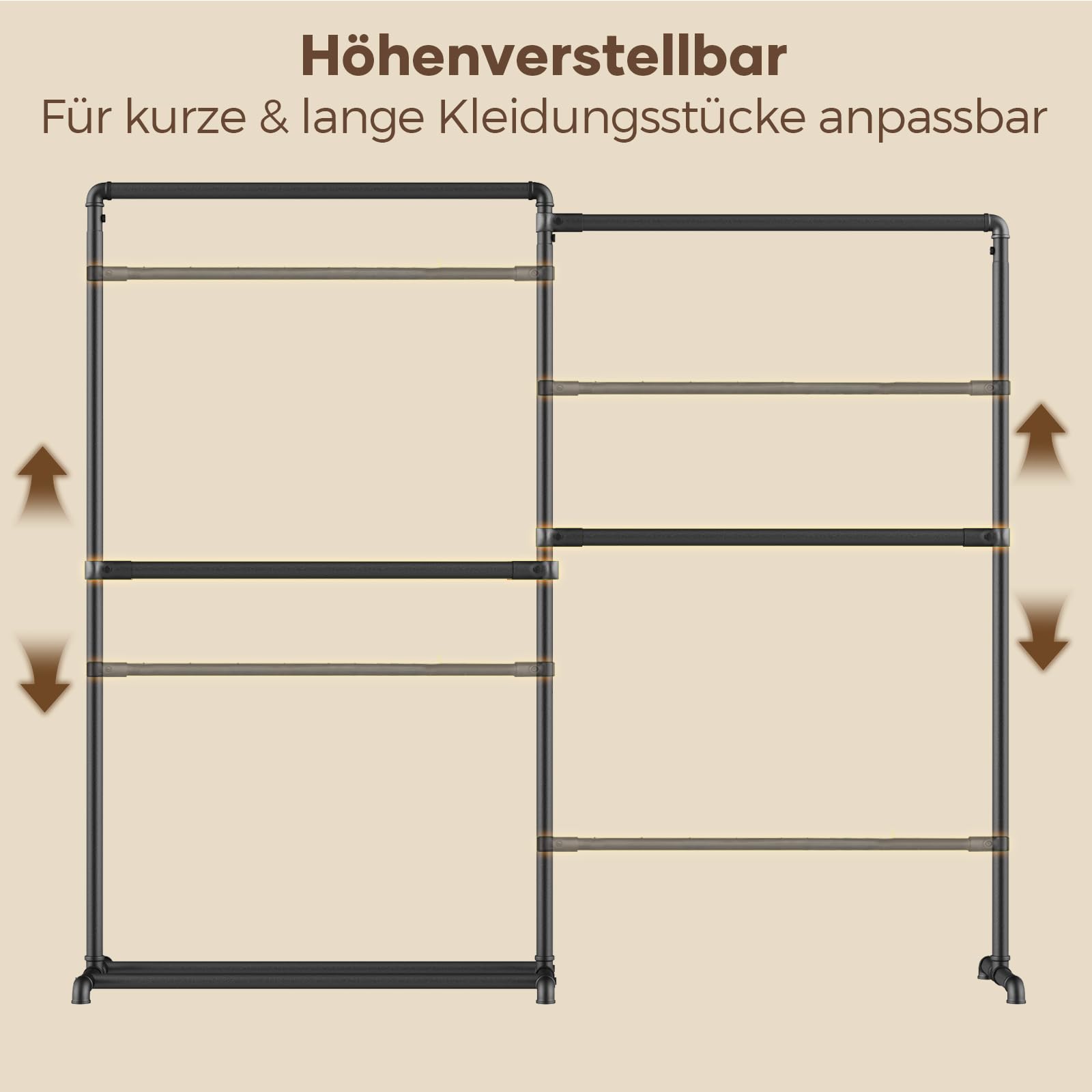 Schwerlast Kleiderständer mit vier Kleiderstangen, platzsparender Eck Kleiderständer mit 360° klappbaren Seitenarmen und unterer Ablage, Belastbarkeit 150 kg (Schwarz)