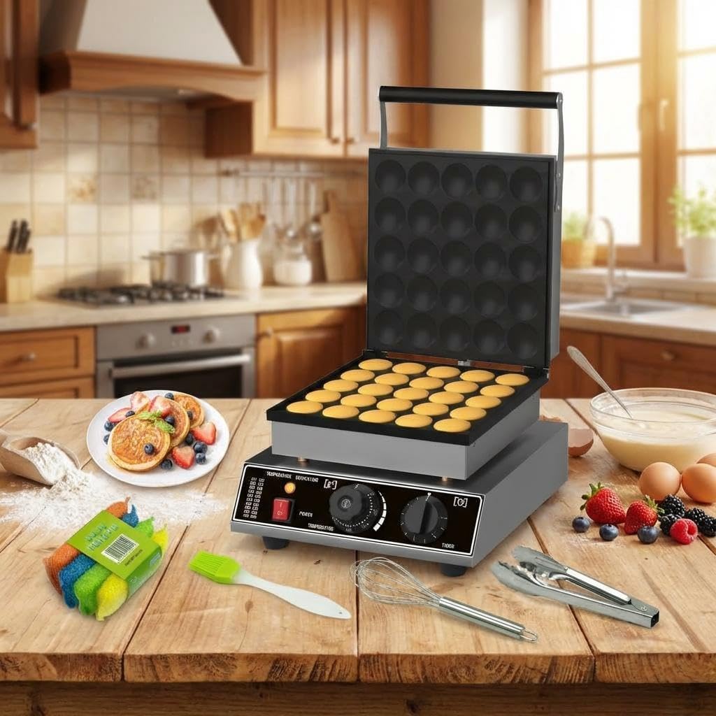 Mini Dutch Pancake Maker 25 Pcs, 1700W Commercial Pancake Machine Stainless Steel Poffertjes Grill Nonstick for Restaurant & Home Use