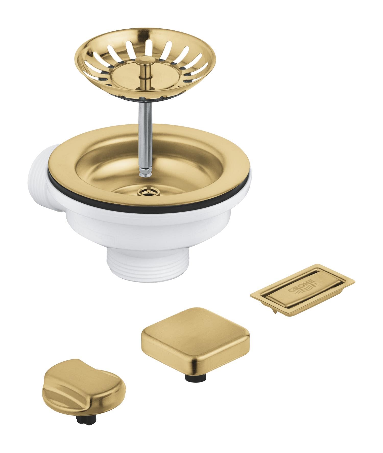 GROHE 40996GN0 Kit de vidage pop-up pour évier de cuisine avec 2 boutons de télécommande ronds et carrés, trop-plein et filtre à panier, or brossé