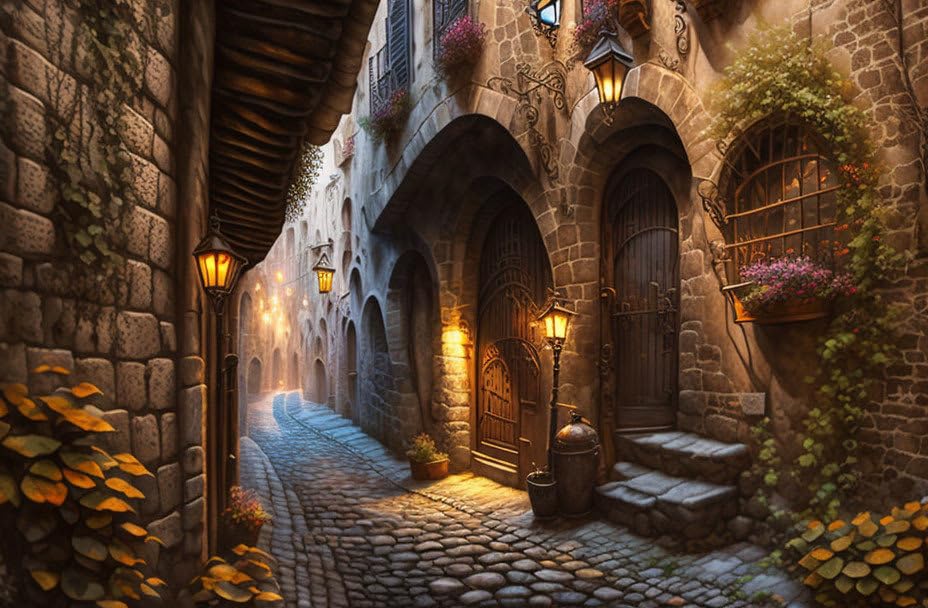 Toile ruelle ancienne 58 x 90 cm décoration salon charme médiéval