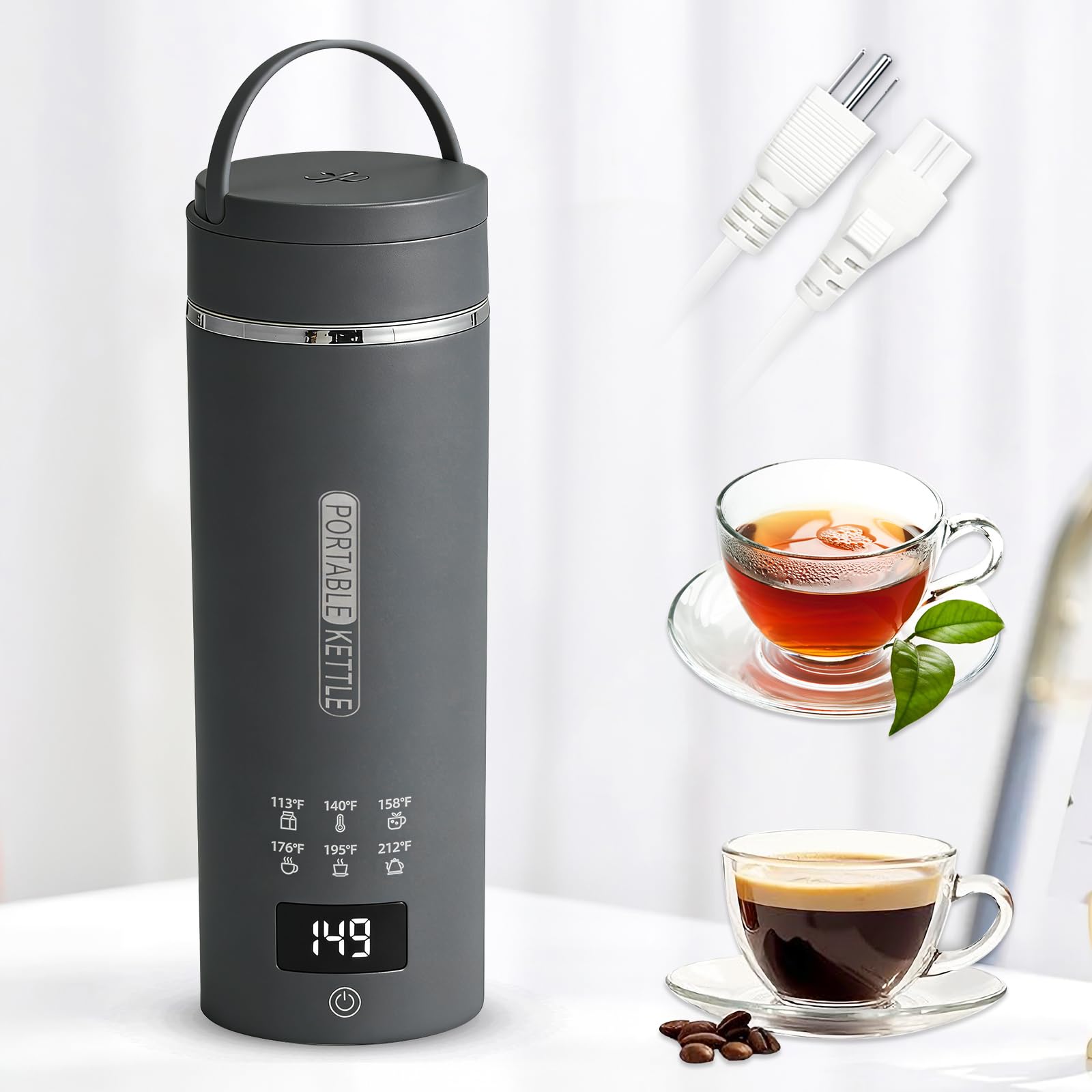 Bouilloire portable de voyage avec 6 contrôles de température, en acier inoxydable 304 avec arrêt automatique et protection contre l'ébullition, gris