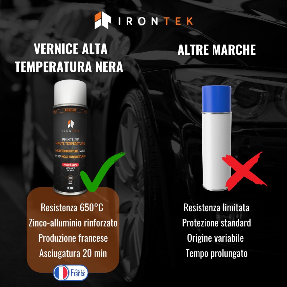 IRONTEK Vernice Alta Temperatura Spray Nero 400ml | IT202 | Resistente 650°C | Antiruggine | Marmitta Freni Motore