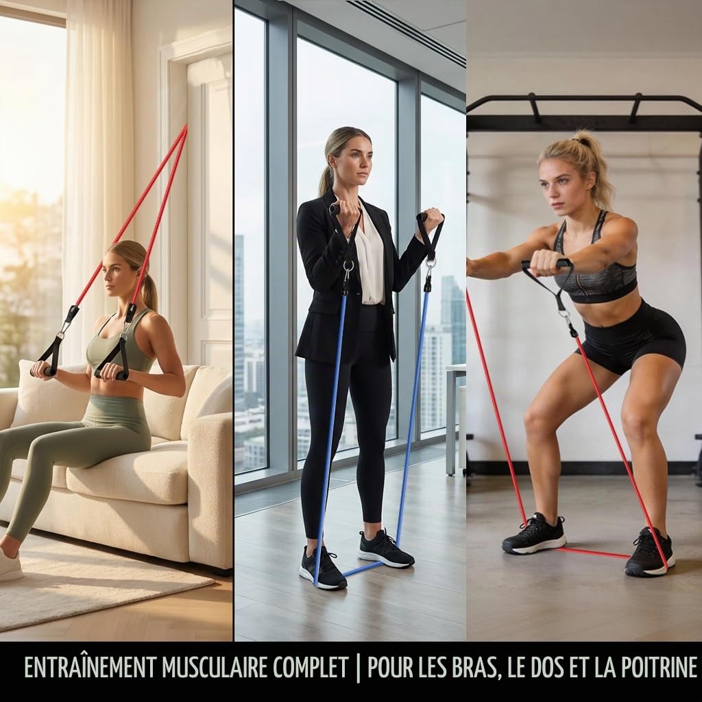 VEICK Lot de 5 Élastiques de résistance, tubes élastiques d’entraînement, de fitness, avec attache-porte, poignées, sac portable, sangles de cheville pour entraînement musculaire, kinésithérapie, esthétique corporelle, entraînement à domicile | Certifié e