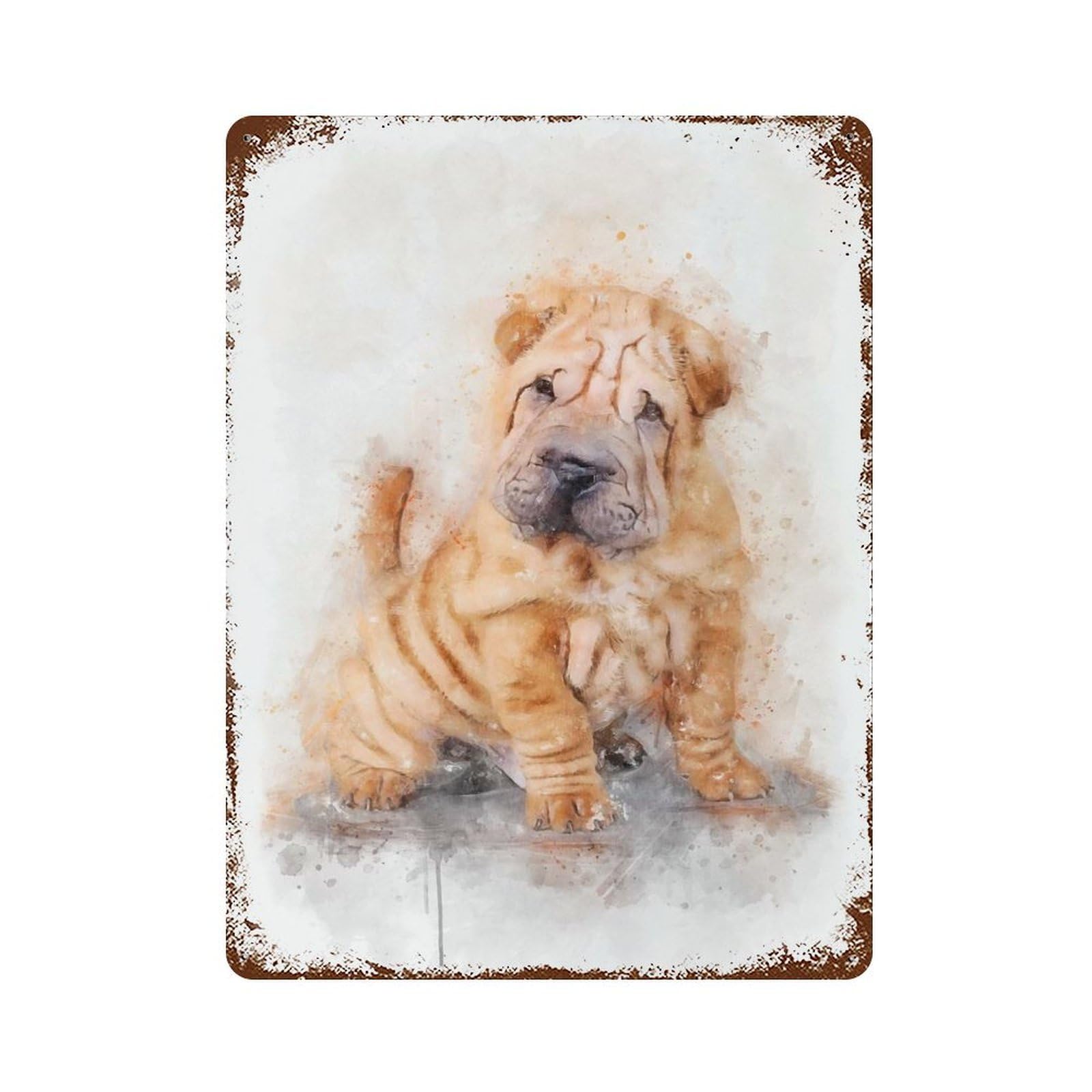 Rustic Tin Plaque Shar Pei Puppy Watercolor 15.7"x11.8", Rustic Home Decor for Office, Studio And Wall Decor