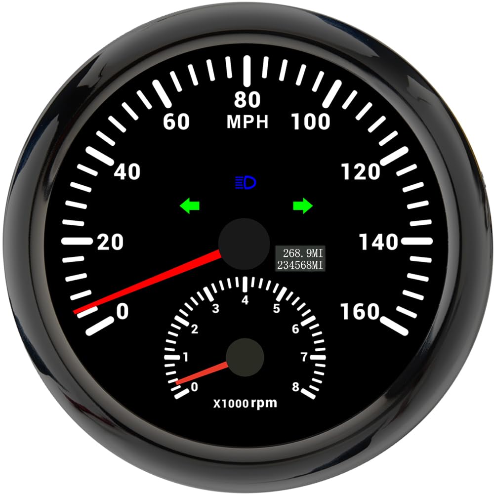 ELING Velocímetro GPS 2 en 1 de 110 mm medidor de odómetro de 0 a 160 MPH con tacómetro de 0 a 8000 RPM medidor de revoluciones con luz de fondo roja de 12 V y 24 V