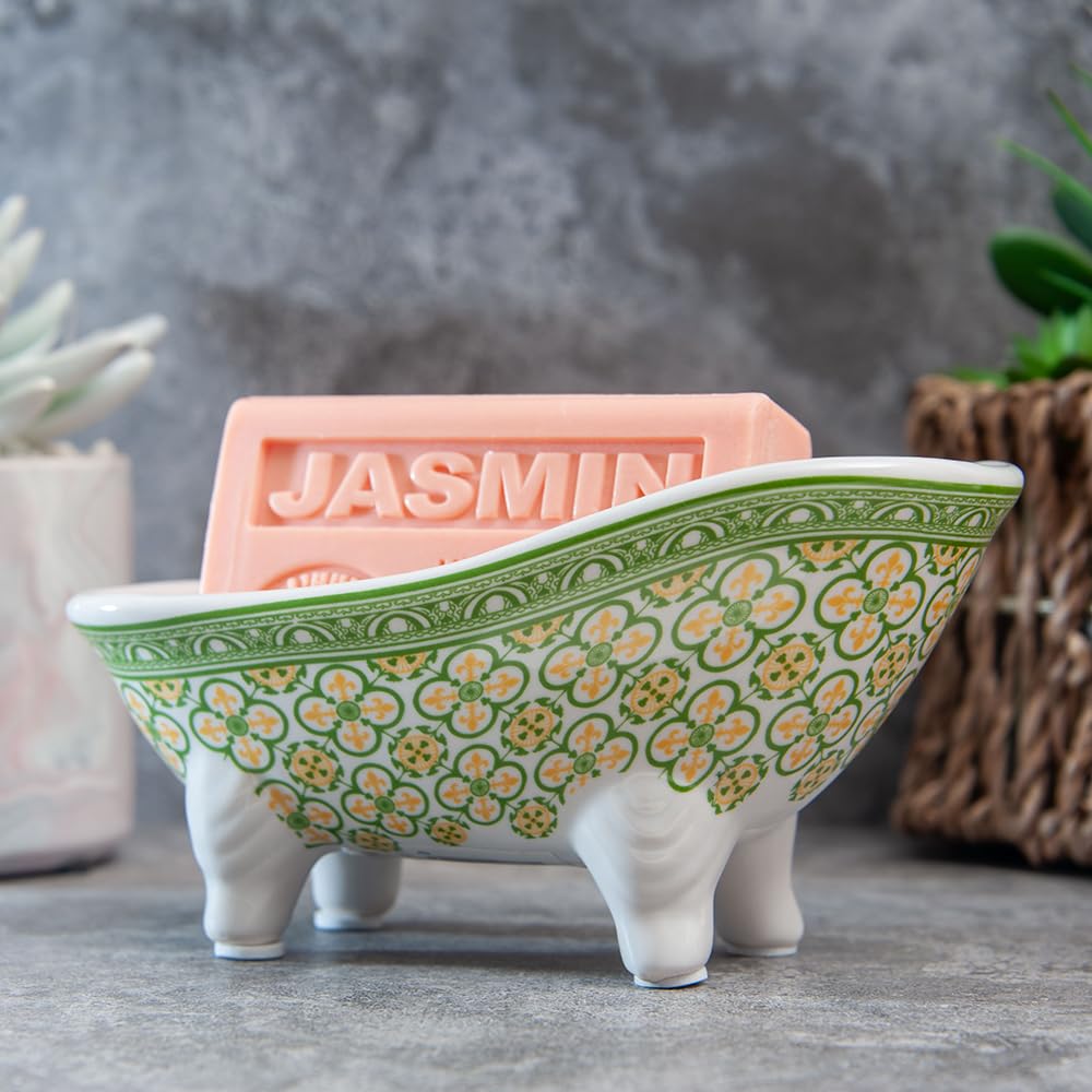 Label Provence Nature Savon de Marseille Soap Dish - French Vintage Style Ceramic Clawfoot Bathtub - Multipurpose Holder - Perfect for Bathroom Kitchen or Home Decor - Green tile -14.5 x 7cm x 6.5cm