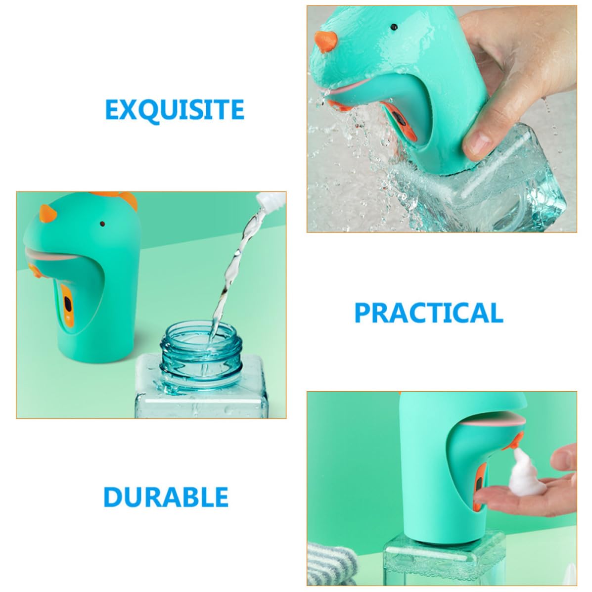 TEHAUX Dispensador de Jabón sin Contacto Dispensador de Jabón Automático de Dinosaurio de Dibujos Animados, Verde, Silicona, Abs y Petg, Antideslizante, Ligero, Cocina y Uso Diario