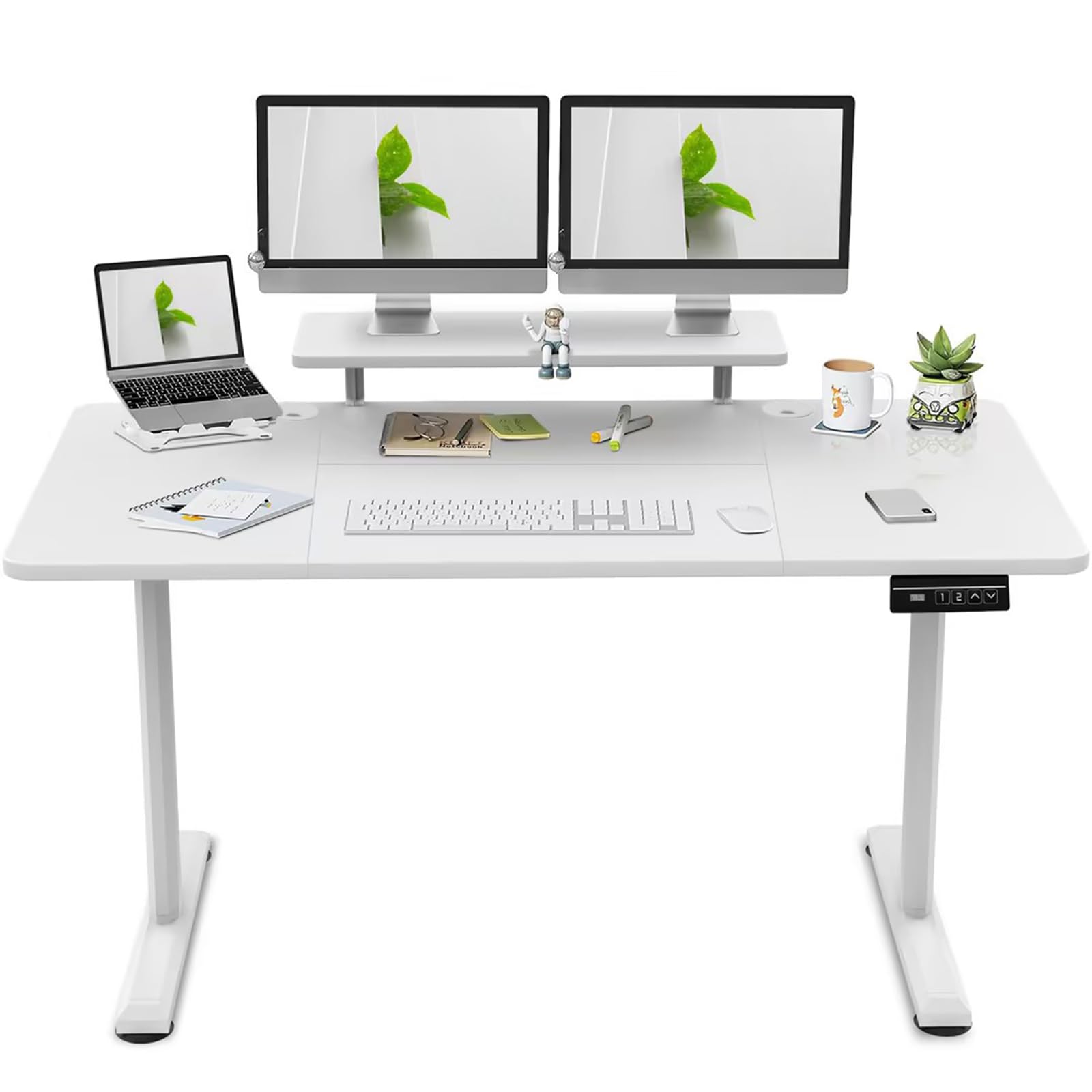 TRIUMPHKEY 180x80cm Escritorio Elevable Eléctrico con Estantes para Monitor y 2 Alturas de Memoria, Mesa Elevable Escritorio en Altura 73-118cm, Escritorio Oficina con Tablero Ensamblado Blanco