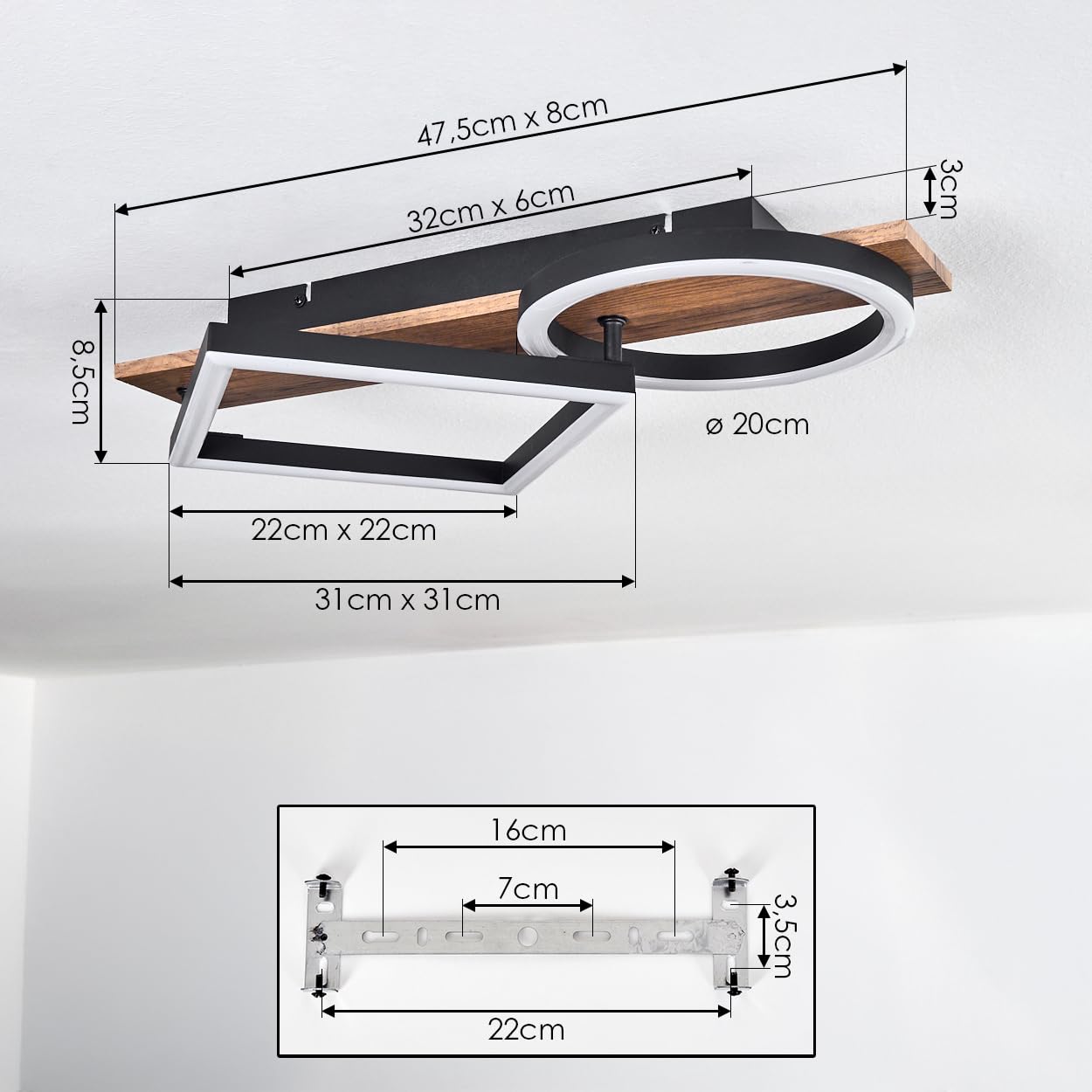 HOFSTEIN LED Deckenleuchte Cascada, Deckenlampe aus Metall/Holz/Kunststoff in Schwarz/Braun/Weiß, 18 Watt, 3000 Kelvin, Leuchte im modernen Design für Schlafzimmer, Esszimmer, Wohnzimmer, Küche, Flur