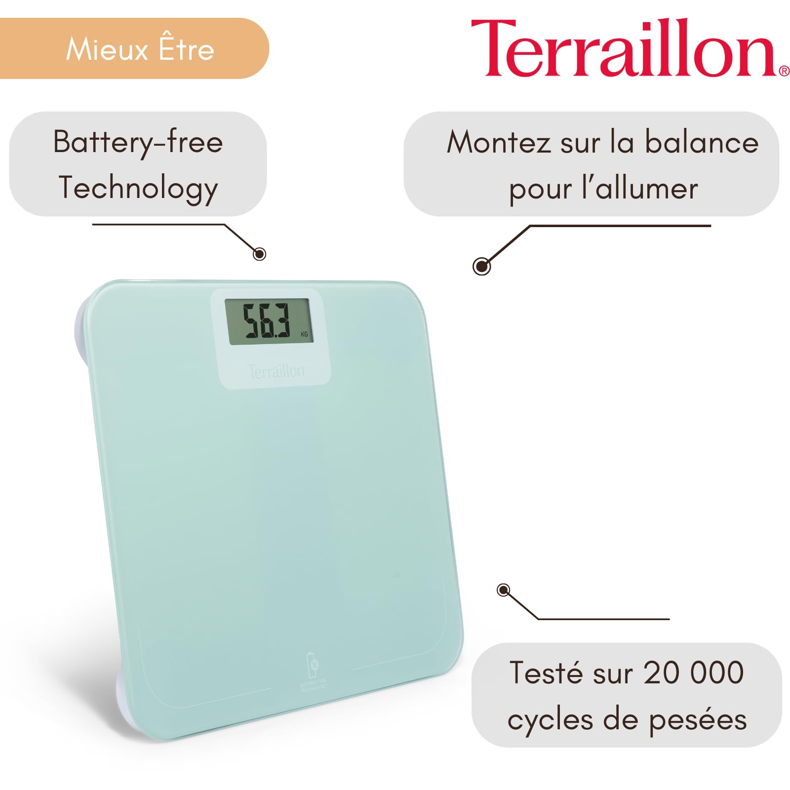 TERRAILLON Balance Pese Personne sans pile ni batterie POWER FREE | Ecologique, Energie par Dynamo, Capacité 180 Kg, Graduation 100g, Ecran LCD, Plateau 30x28 cm en verre, Emballage recyclé