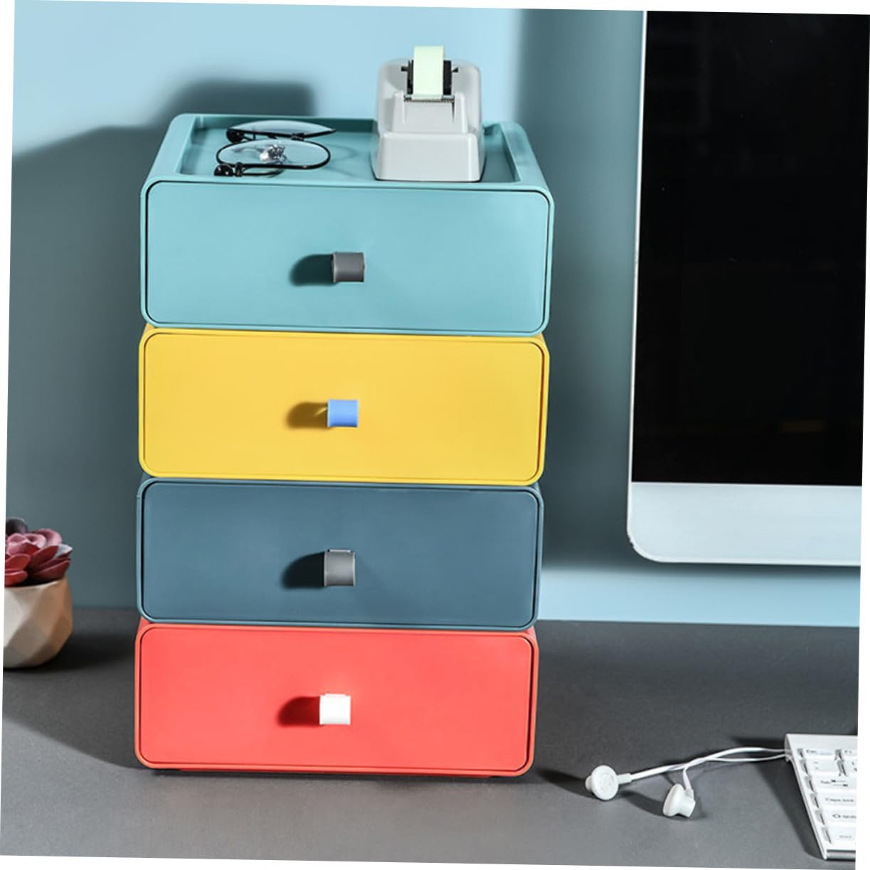 Cajones de Almacenamiento de Plástico Apilables 4 Piezas Multicolor (amarillo, Verde, Azul, Naranja) Caja Organizadora de Escritorio Resistente para Oficina y Hogar