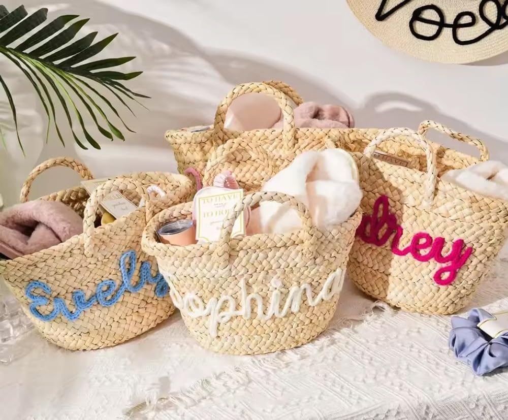 Bolso Pequeño Personalizado For Mujer, Cesta Tejida De Paja For Niña De Las Flores, Bolso De Mano Con Nombre Bordado Personalizado For Dama De Honor, Ideal For Bodas, Vacaciones, Viajes.