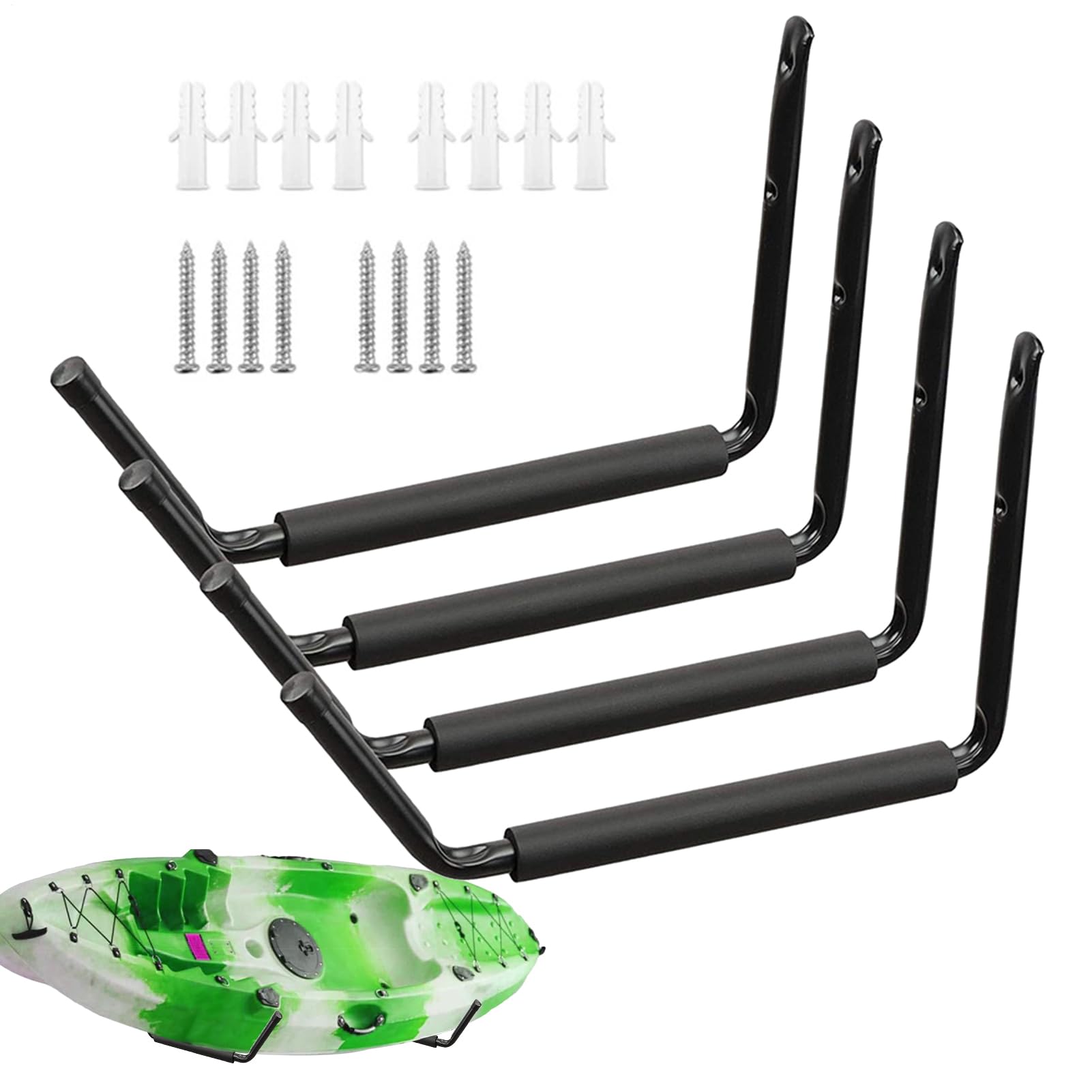 Rack de kayak montado en la pared, soporte de pared de kayak | Estante de tabla de surf de metal,4x ganchos de pared de garaje, perchas de almacenamiento de servicios públicos para canoas surf