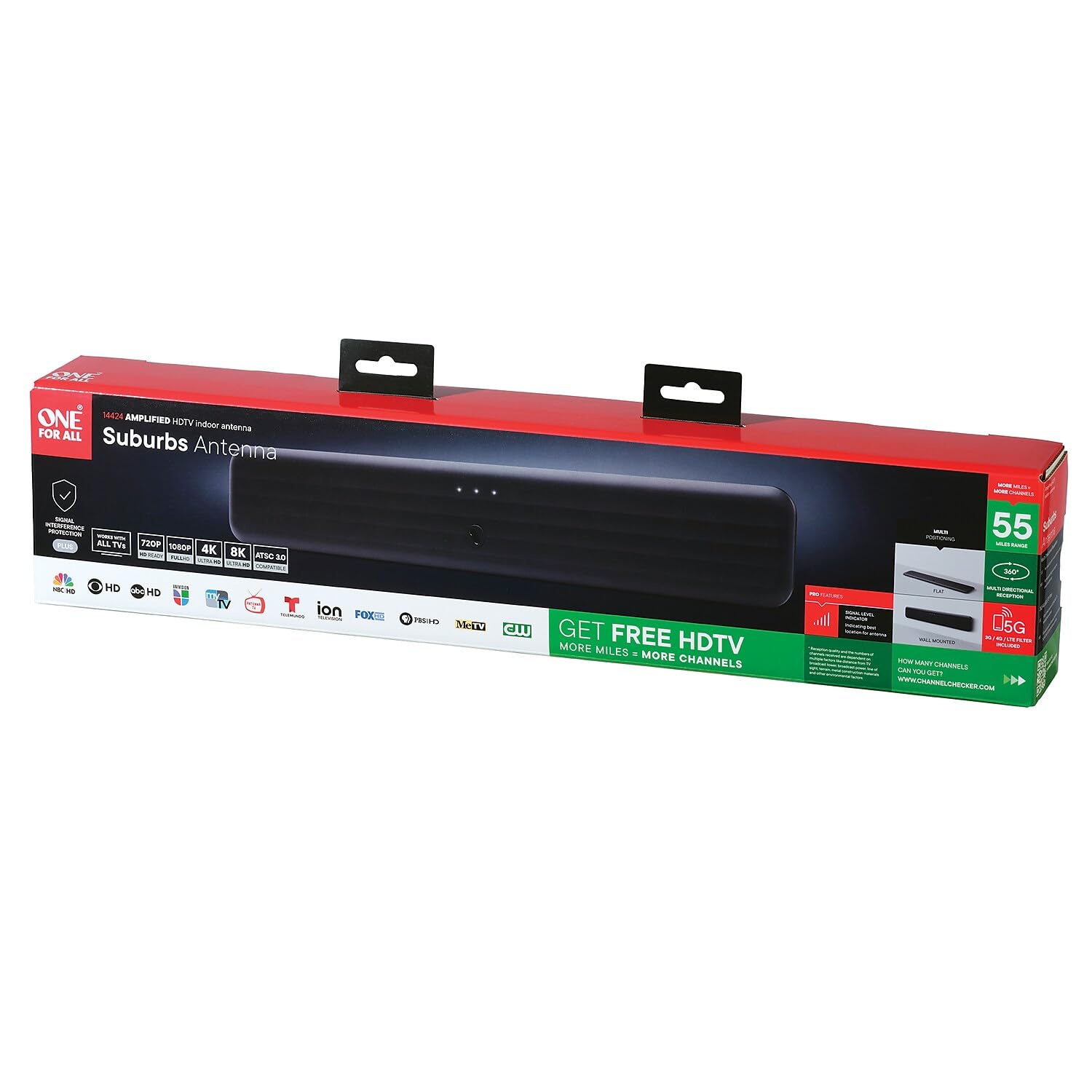 One For All Suburban Antena de TV para interiores estilo barra de sonido amplificada, 4K y 8K Ultra HD, modelo 14424