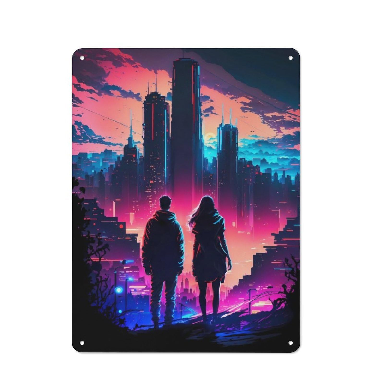 Junmoney Futuristic Hues City Tin Wall Plaque 40X30cm With For Bar Or Restaurant, Housewarming Wall Decor For People Furnishing Bar And Restaurant