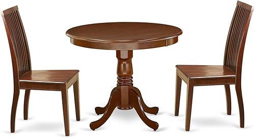 East West Furniture El juego de 3 piezas ANIP3-MAH-W contiene una mesa de comedor redonda con pedestal y 2 sillas de asiento de madera, 36 x 36