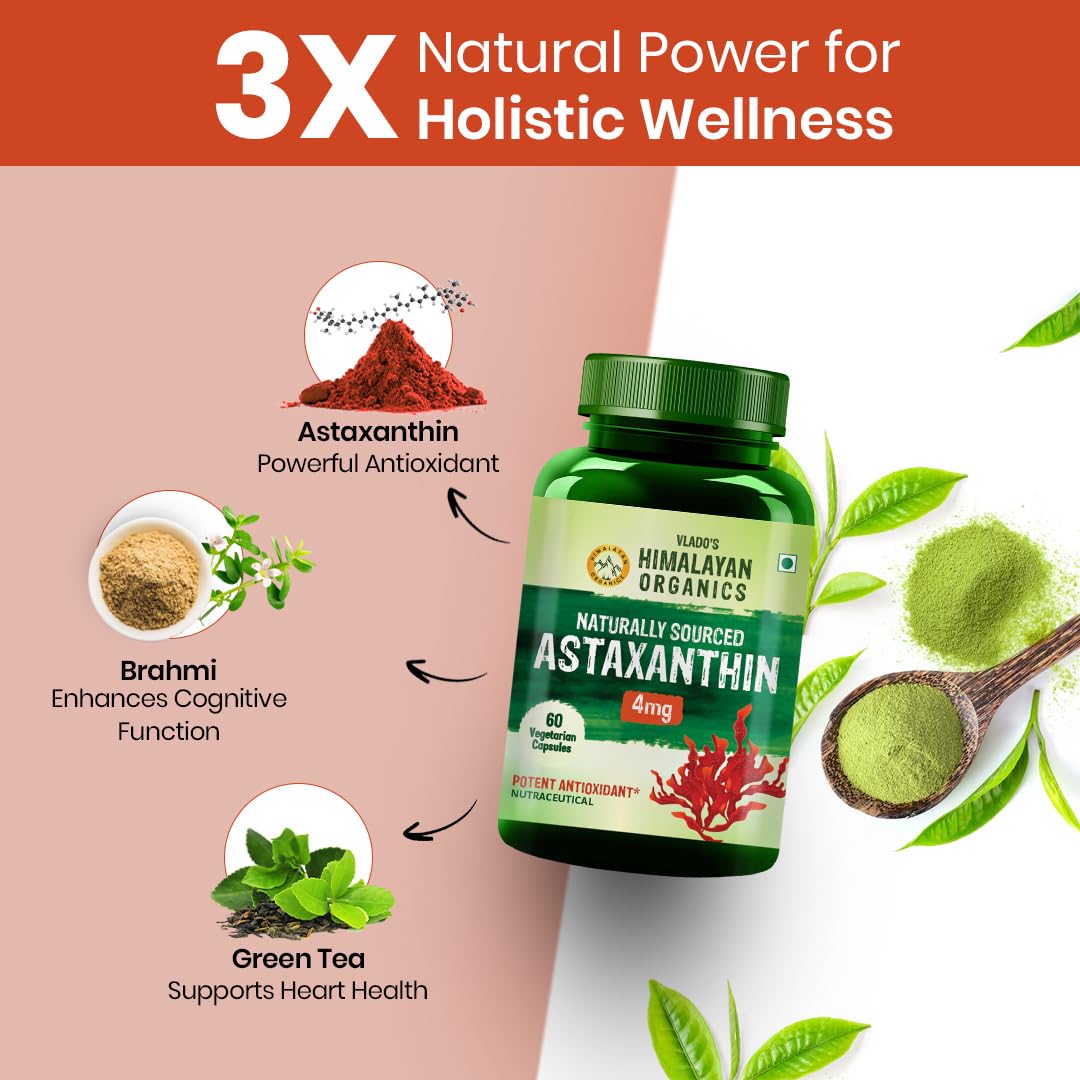 Vlado’s Himalayan Organics Naturally Sourced Astaxanthin 4mg Supplement | Supports Antioxidant Brain,Eye & Skin Health | Improves Muscle Endurance & Recovery, Builds Immunity - 60 Veg Capsules 2