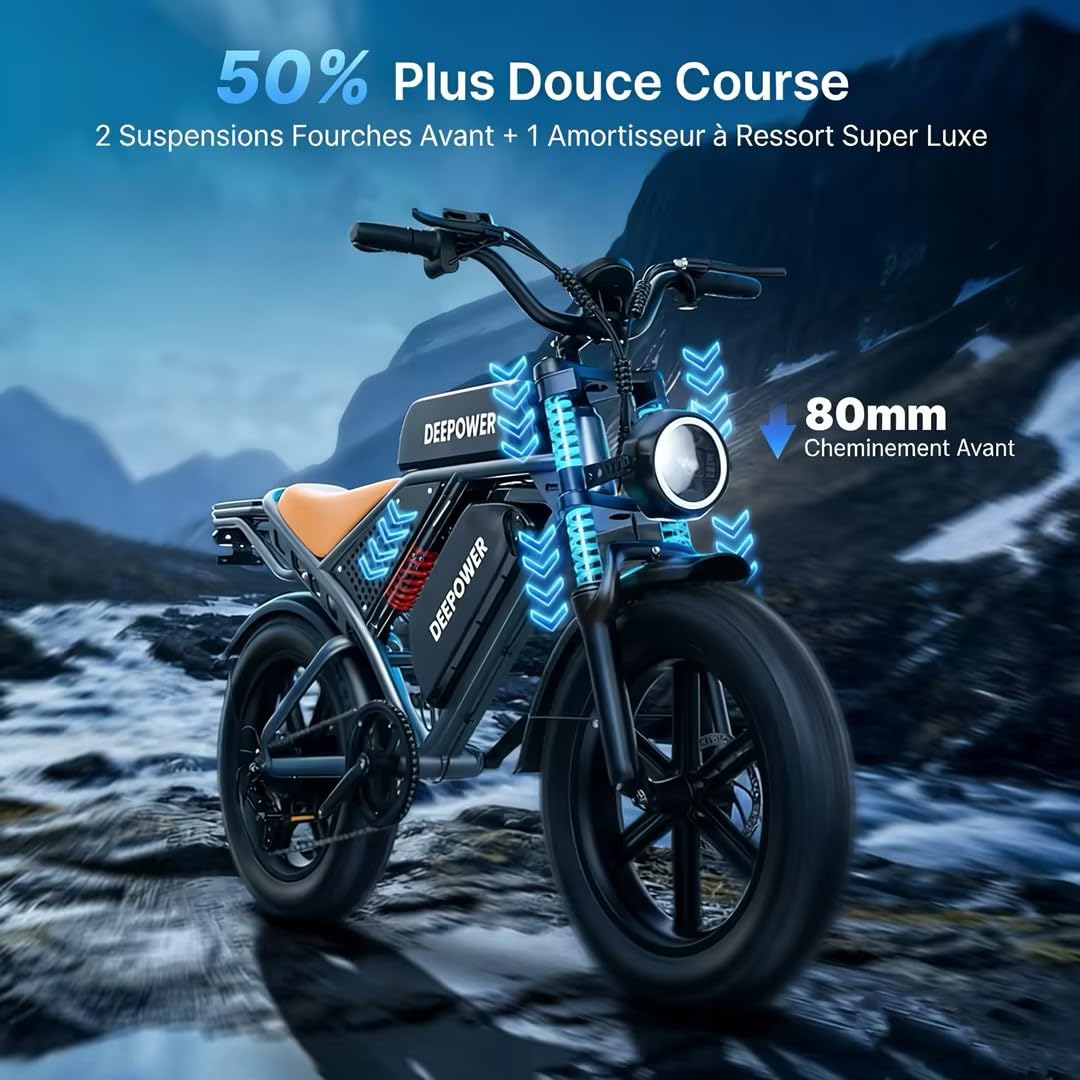 DEEPOWER QS7 Vélo Électrique, Batterie Amovible 48V 60Ah/35Ah/20Ah, Autonomie 110-250KM, Moteur 120 N·m, Pneu Gras 20'' X 4.0, 7 Vitesses, Suspension Hydraulique Complète