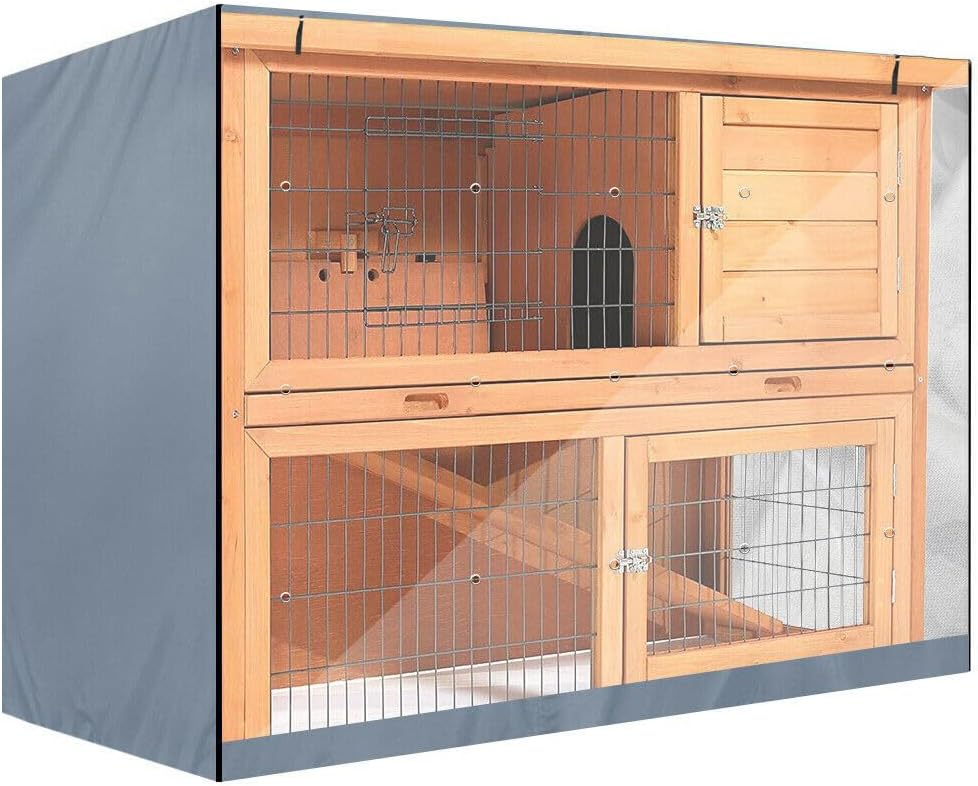 Rabbit Hutch Cover, Indoor Outdoor Double Rabbit Cage Cover Poultry Dust-Proof Accessory with Zipper Opening Visible Window Vent Holes for Winter Pet Cage Protection (Gray)