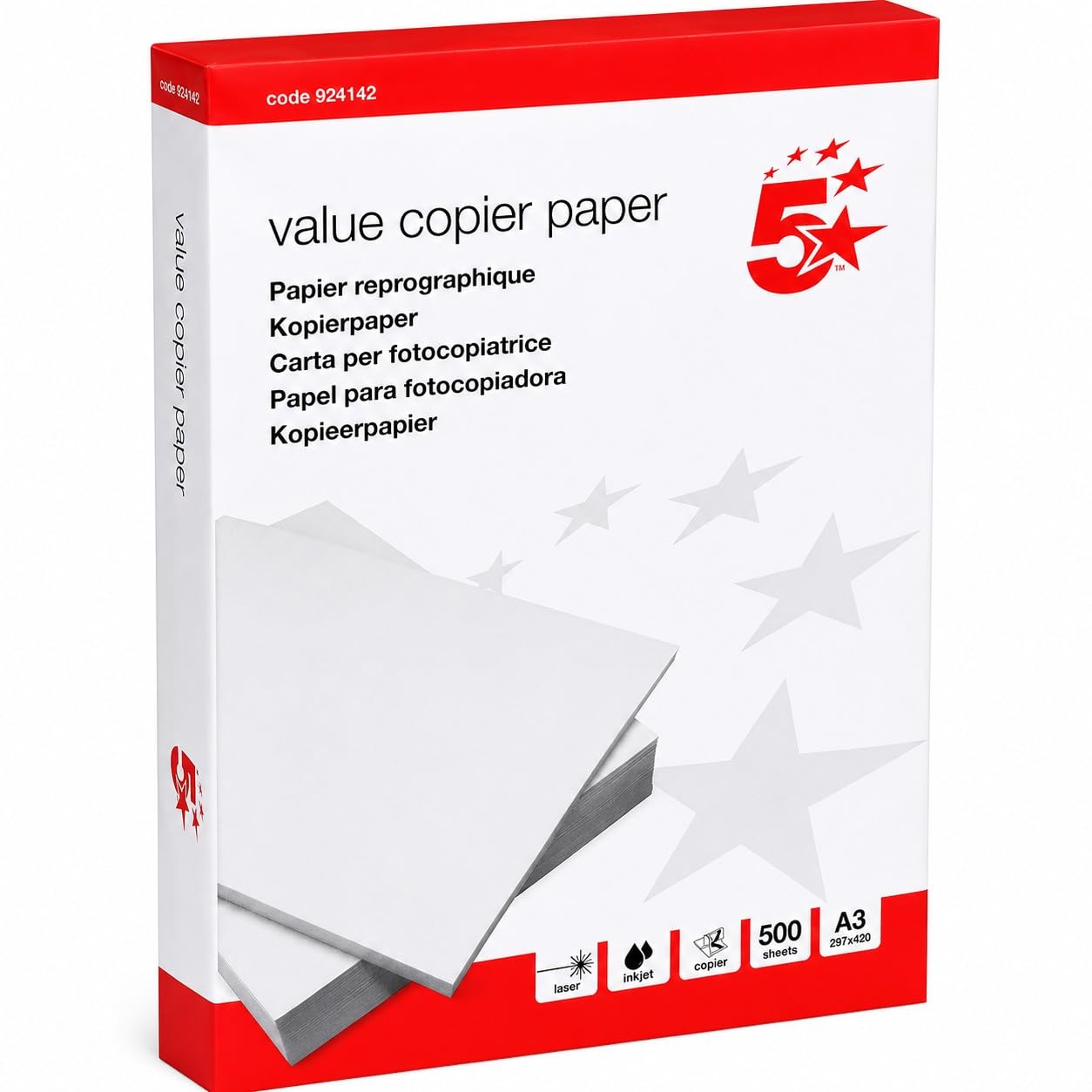 5 Star Value Copier Paper A3 80gsm White Printer Paper, 500 Sheets, Multifunction Copy Paper for Laser, Inkjet & Copiers, PEFC & EU Ecolabel, Ream Wrapped – 924142