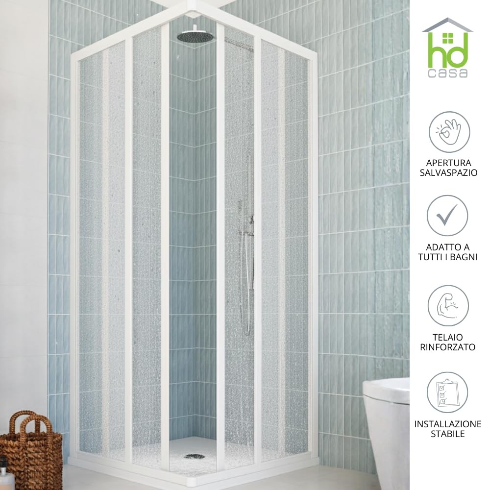 Cabina de ducha Camelia de PVC blanco, paneles acrílicos semitransparentes con efecto gota, puertas correderas angulares, cierre magnético reversibles, ajustable, sin plomo, 75 x 90 x 185 cm