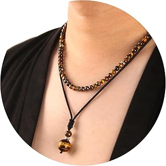 2Pcs Beaded Necklace for Men - Protection Necklace Men Choker Necklaces Obsidian Beads Pendant Jewelry Gifts for Men