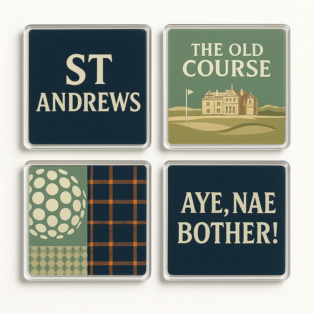 The Plum Penguin St Andrews Acrylic Coaster Gift Set Of 4 With Design - Nostalgic Heritage Home Decor For Golf & Travel Enthusiasts