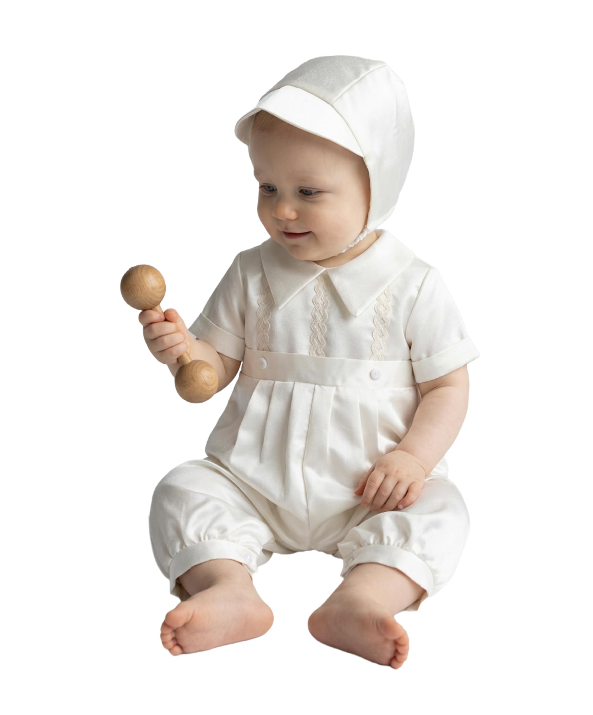 SIRRI Completo da Battesimo per Neonato in Raso, Composto da Tutina Ricamata Color Avorio e Cappellino, Due Pezzi.
