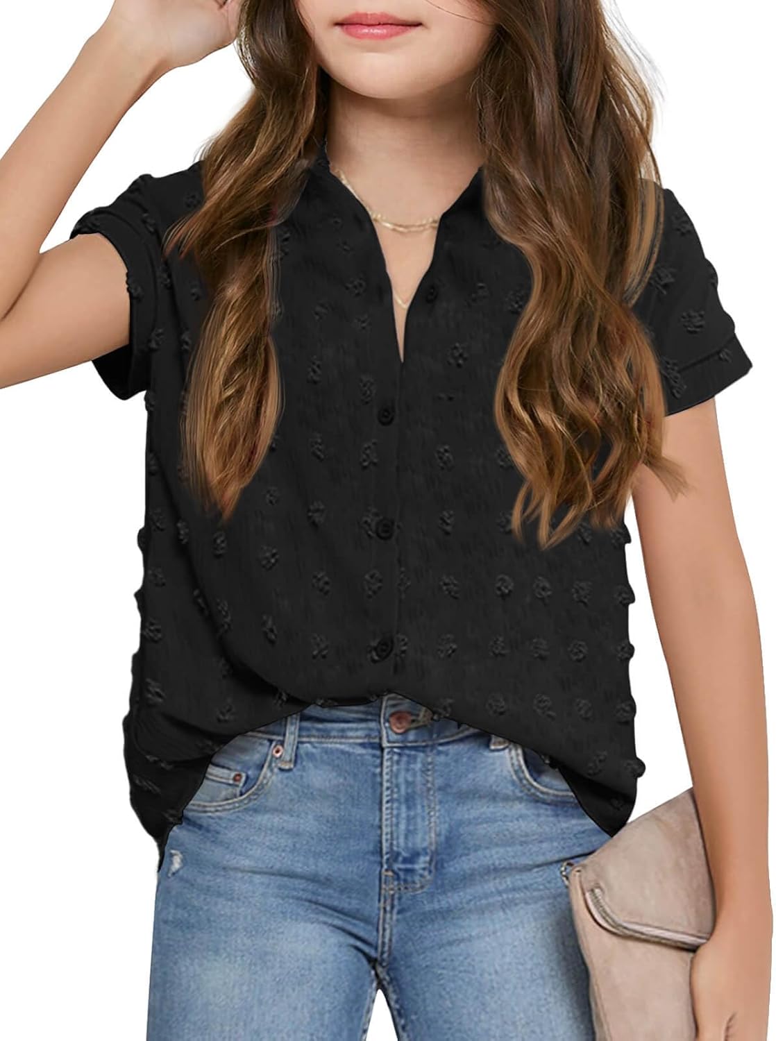Haloumoning Girls Button Down Shirts Short Sleeve Kids Casual Chiffon Blouse Summer Tops T-Shirt