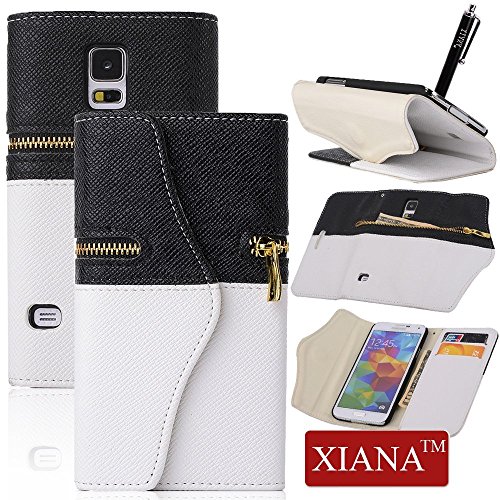 XIANA Leather Zipper Fold Wallet Card Holder Case with Stylus for Samsung Galaxy S5 I9600 - Black/ White