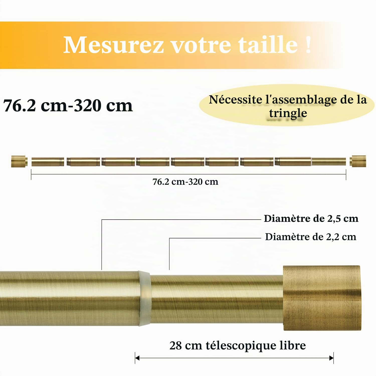 Tringle à rideaux avec embouts décoratifs de 2,54 cm de diamètre en laiton antique extensible de 76 à 320 cm avec 3 supports. Tringle à rideaux robuste de 30 à 126 pouces pour salon, chambre, cuisine