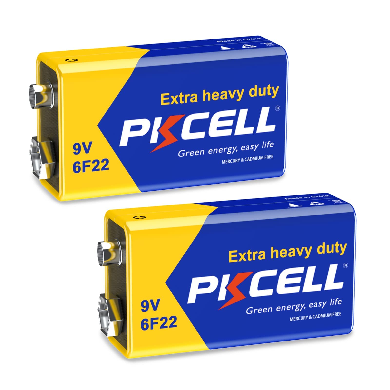 PKCELL 9V Battery, Block Battery, 6F22 Batteries for Smoke Detector, Radio Camera, Toy, Pack of 2