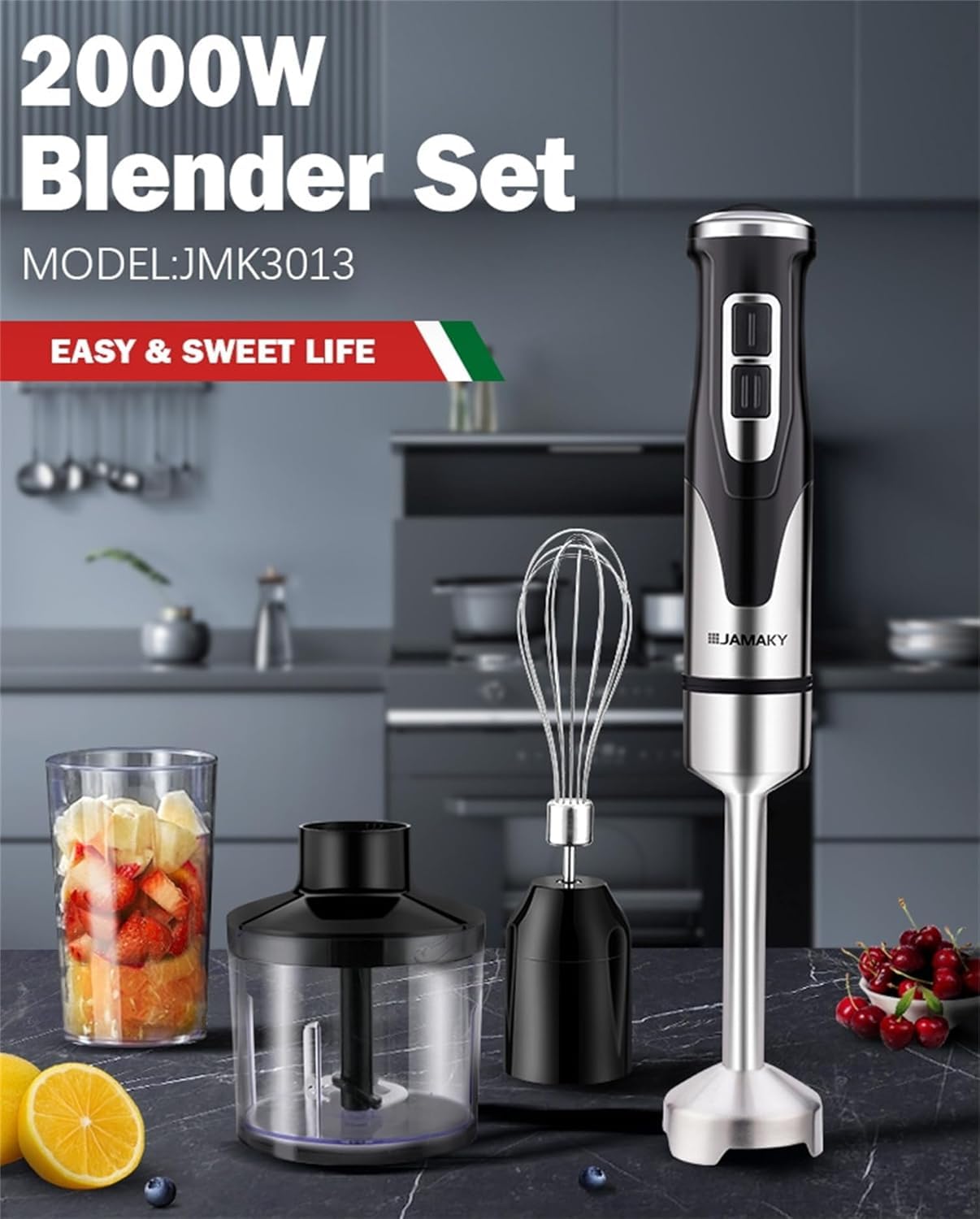 Batidora De Mano, Batidora De Mano 4 En 1 2000w, 2 Velocidades De Licuado, Cuchillas De Acero Inoxidable 304, Vaso De Precipitados De Plástico Sin Bpa, para Comida para Bebés, Batidos, Sopa