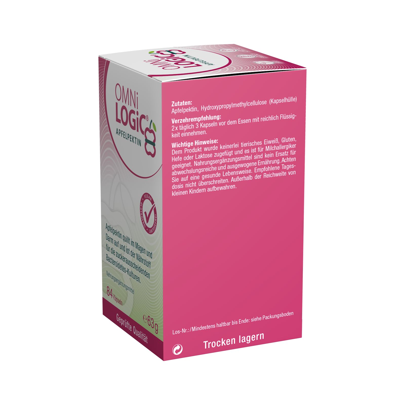 OMNi LOGiC Apfelpektin | Hochwertige Ballaststoff-Kapseln aus Apfel | 3,9 g pro Tagesportion | Ohne Zusatzstoffe | Vegan | 84 Kapseln