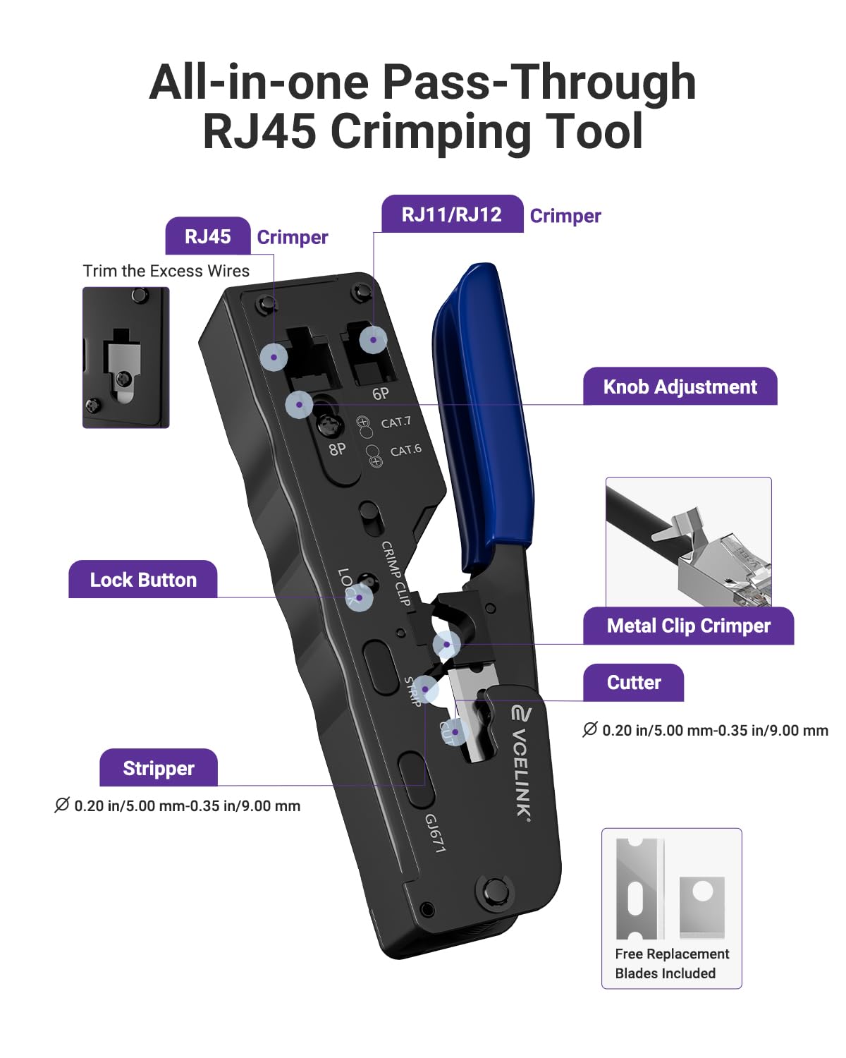 VCELINK Professionnel Network d’installation Kits, Pince à Sertir RJ45 avec 20 Connecteurs RJ45 Cat7/Cat6a Pass Through, Testeur RJ45, Mini Pince à dénuder Pour, RJ45, Sac en Tissu