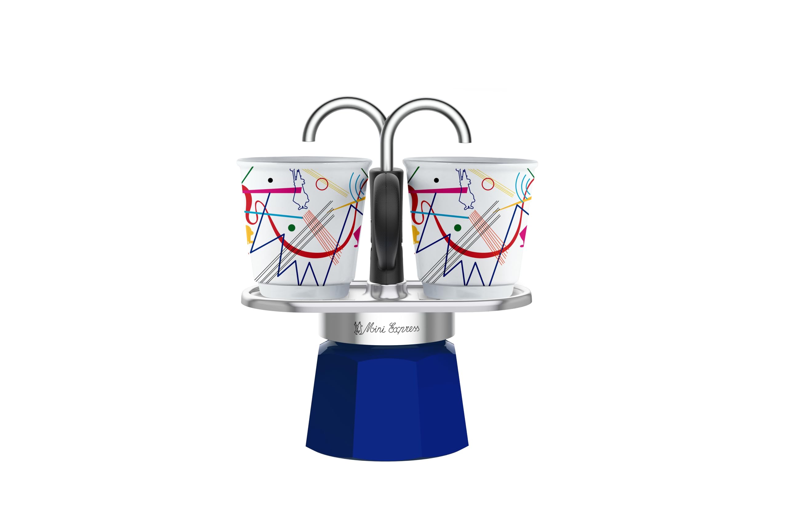 Mini Express Kandinsky: Moka Set includes Coffee Maker 2-Cups (2.8 Oz) + 2 shot glasses, Light Blue, Aluminum