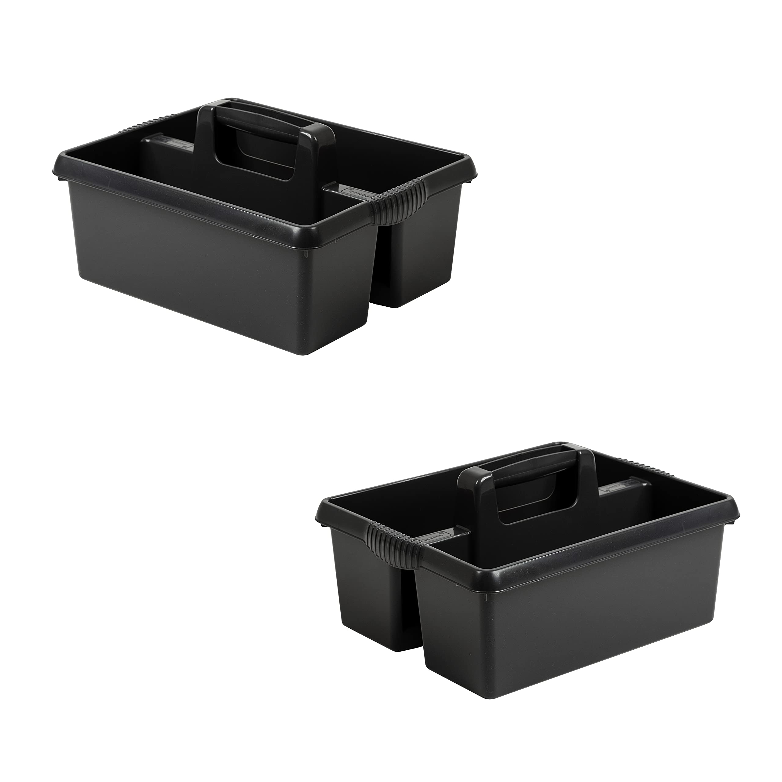 Set of 2- Large Cleaning Caddy with Handles Plastic Caddy Tidy Organiser Cleaners Carry All Tote Tray Basket with Multi Compartment Cleaning Tool Utility Caddy for Kitchen Sink Bathroom (Black)