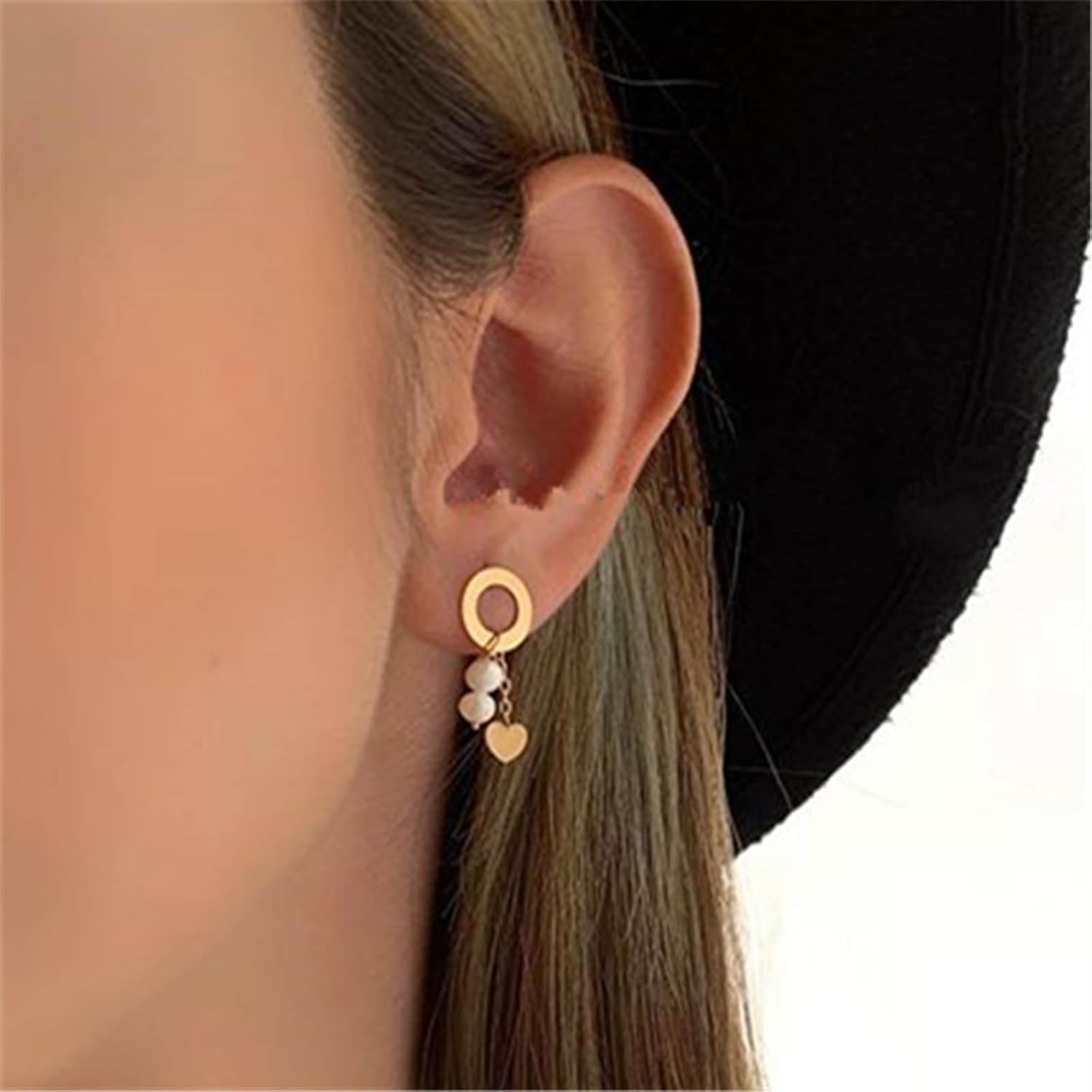 Boho Geometric Pearl Earrings Gold Heart Triangle Dangle Earrings Open Circle Stud Earrings Pearl Bead Drop Earrings Minimalist Gold Earrings Jewelry for Women - Image 2