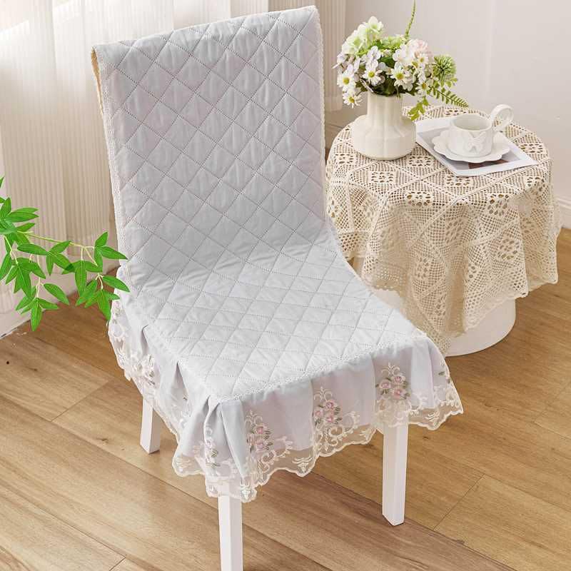 Image of HOMETHREADS Vintage Dining Chair Protector Cover, Quilted Cotton with Lace Frills, Easy Slip-On Design, Protects Seat & Backrest While Keeping Chair Visible, Washable & Reusable, Grey (Pack of 4)