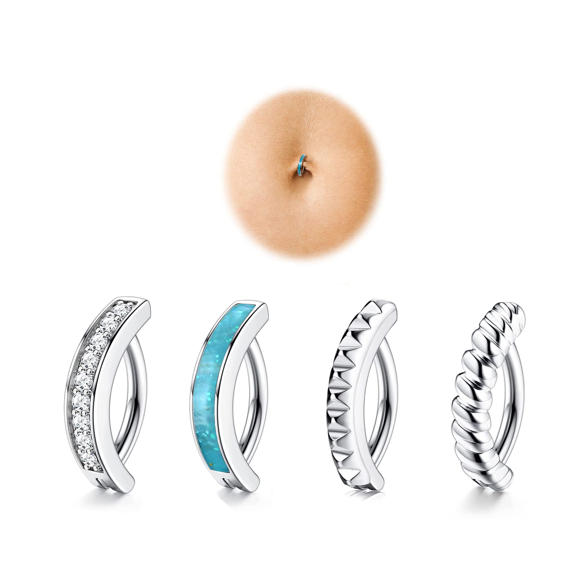 JeryWe 4Pcs 14G Clicker Piercing Ombelico para Mujer Acero Inoxidable Anillos de Ombligo CZ Opal Twist Curvo Inverso Piercing Banana Ombligo Joyería de Cuerpo