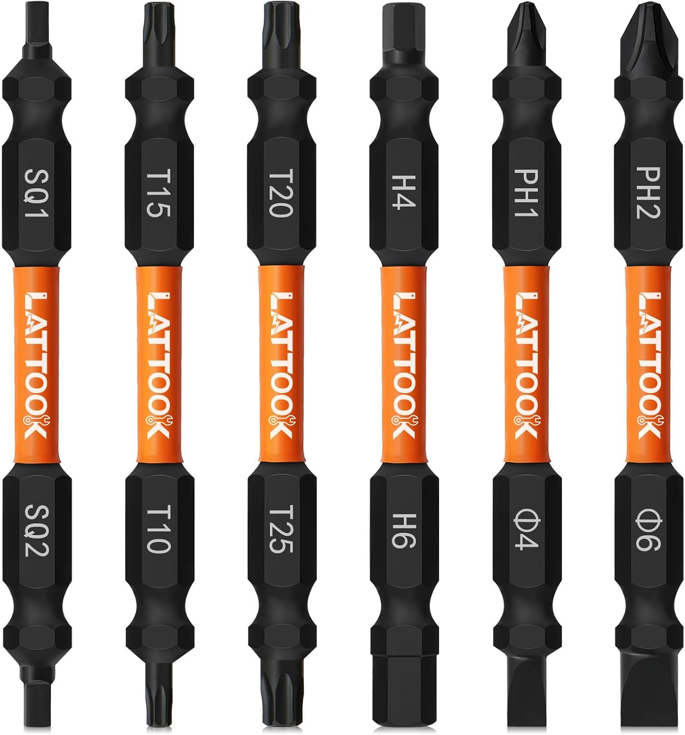 6-Pieces Multi-bit Screw Drivers, LATTOOK Double-Ended Bits with Magnetic, Impact-Rated Screwdriver Bits for Hex/Torx/Phillips/Slotted/Square, H4, H6, T10, T15, T20, T25, PH2, PH1, SL4, SL6, SQ1, SQ2