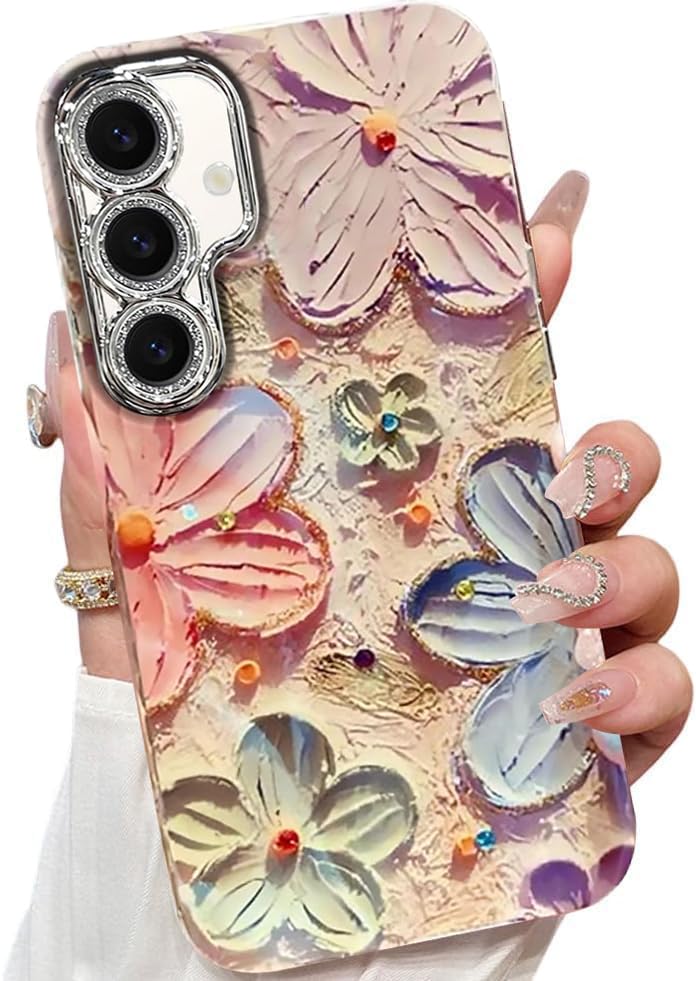 Elzzi Compatible with Samsung S23 5G Case Laser Flower Oil Painting Cute Colorful Blue Ray Bumper with Full Camera Protection Shockproof PC+TPU Glossy Shiny Cover for Girls Women, Green