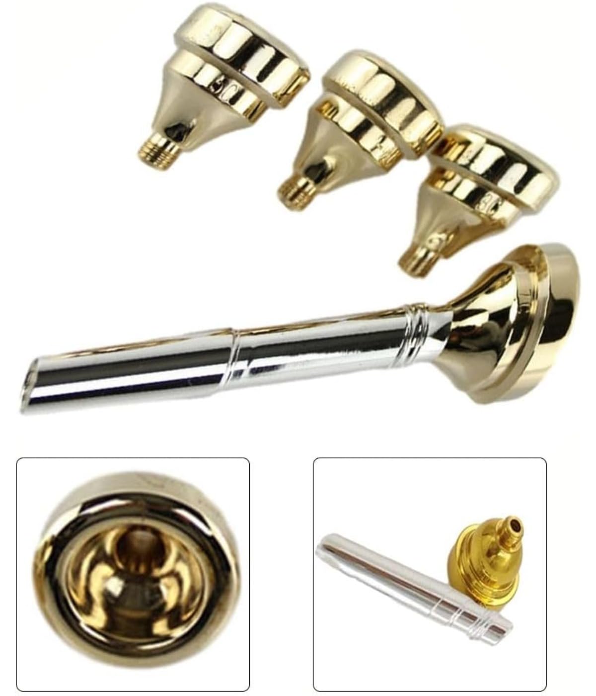 Trompetenmundstück Kit, Vielseitiges Mundstück-Set, mit 7C/5C/3C/1.5C Cups und Aufbewahrungsbox, Messing, Gold, 1 Set