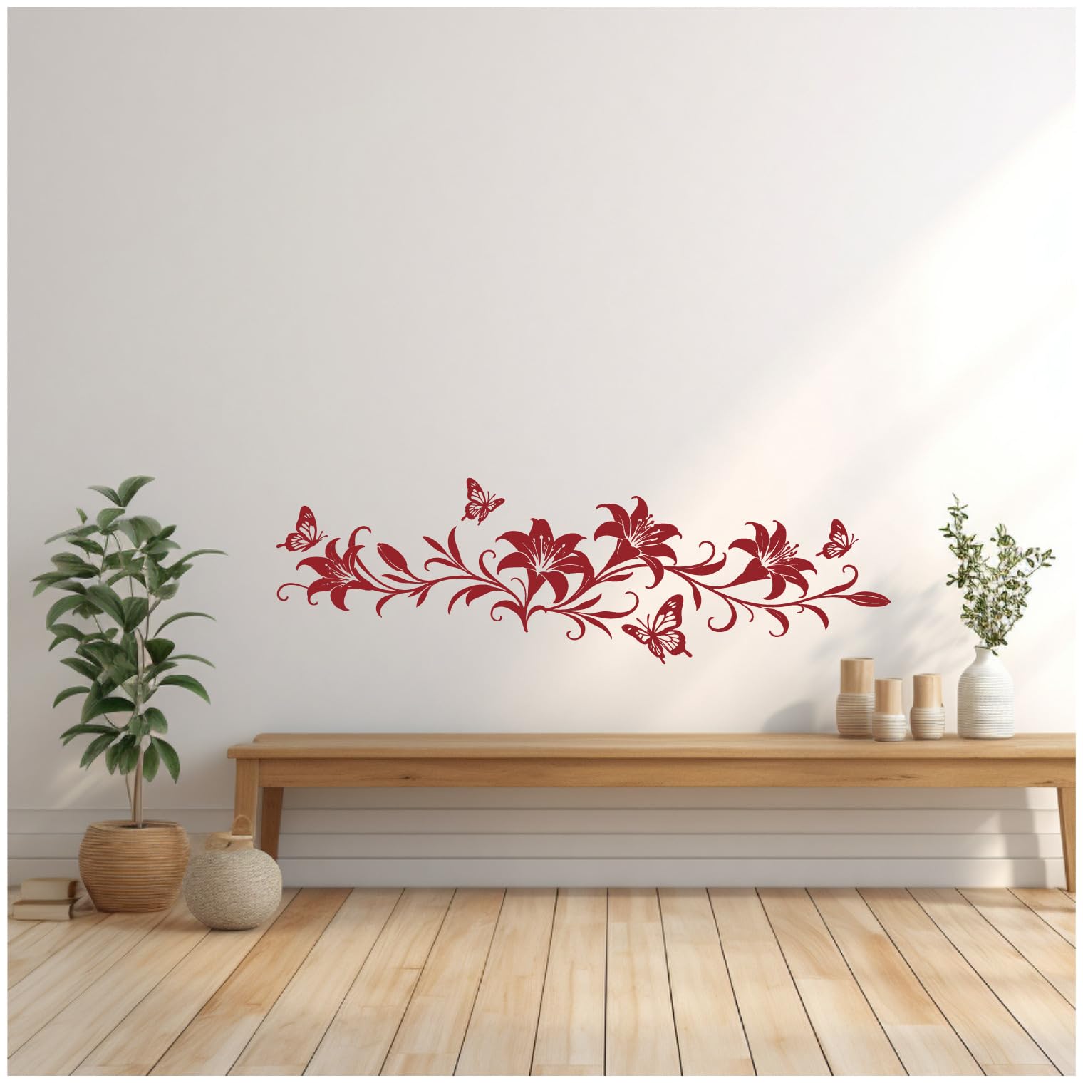 Samunshi® Wandtattoo Lilien Blumenranke länglich mit Schmetterlingen Elegante Blumen Wanddekoration Florales Wandmotiv für Wohnzimmer, Schlafzimmer, Flur und Küche gelb 150 x 51cm