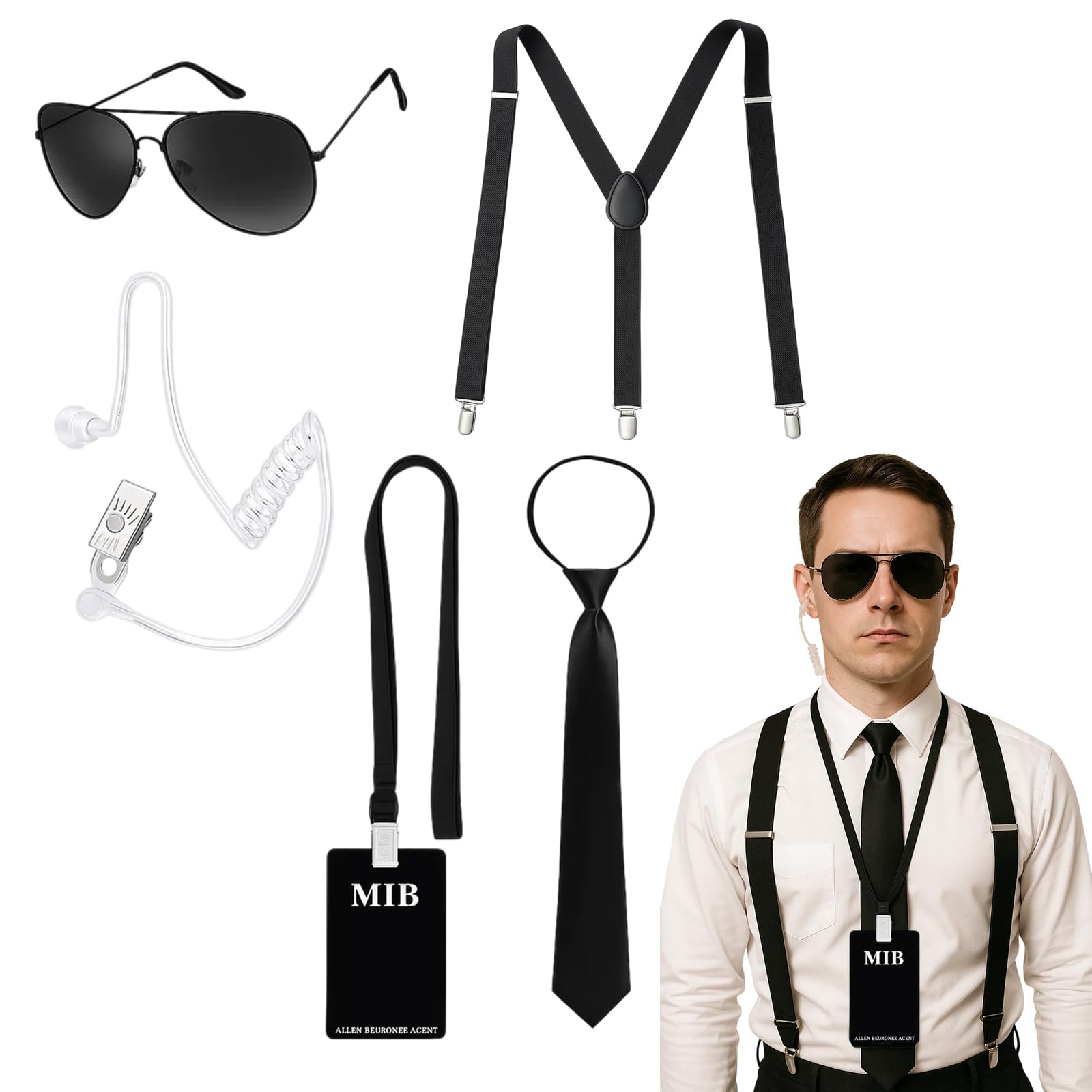 YTPAFK Men in Black Costume Accessories, 5-Piece Spy Kit for Role Play Includes Tie, Badge, Earpiece, Suspenders