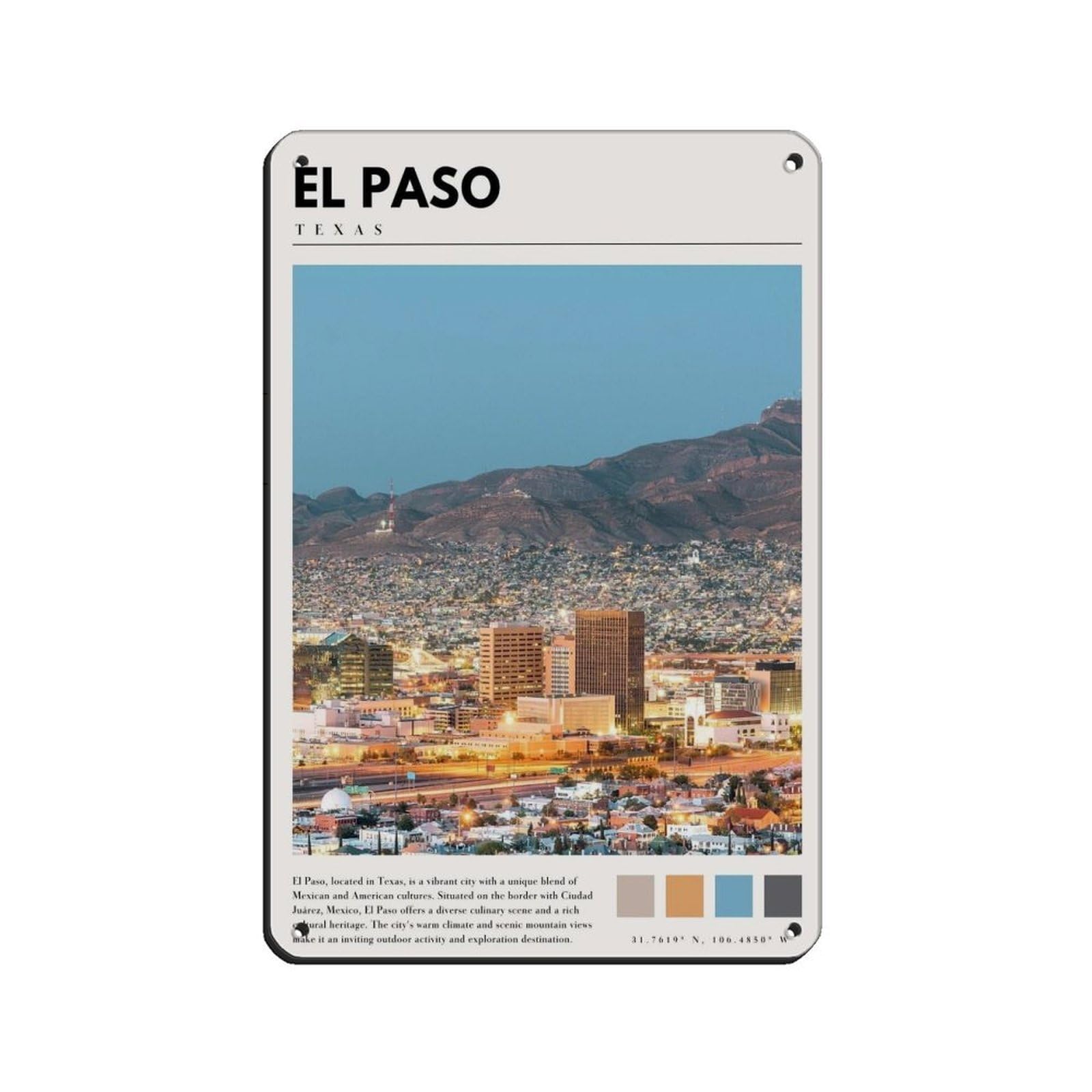 Lxwnze 20L X 30W Cm El Paso Texas Artwork El Paso Photo Poster Tin Sign Vintage Metal Pub Club Cafe Bar Home Wall Art Decoration Poster Retro 8X12inch(20X30cm)