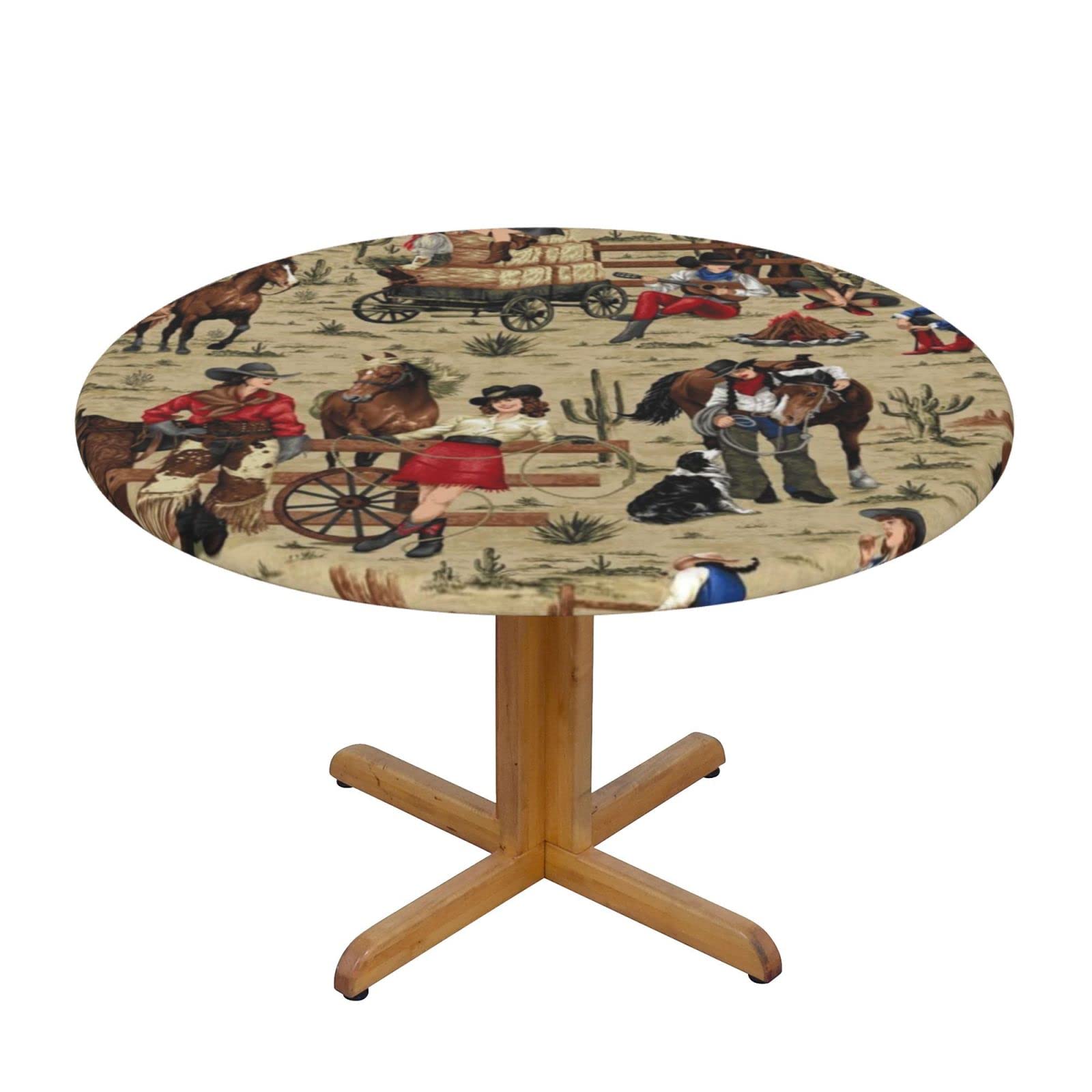 Lsjuee Round Fitted Tablecloth 45-50in Elastic Edged Table Cloth for Kitchen Dining Party Home Decor - Western Cowgirl Vintage