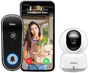 Qubo Smart Cam 360 & Wireless Video Doorbell Combo | Instant Visitor Video Call | Intruder Alarm | 2-Way Talk | 1080p FHD Camera | Compatible with Alexa & OK Google | Control via Same App