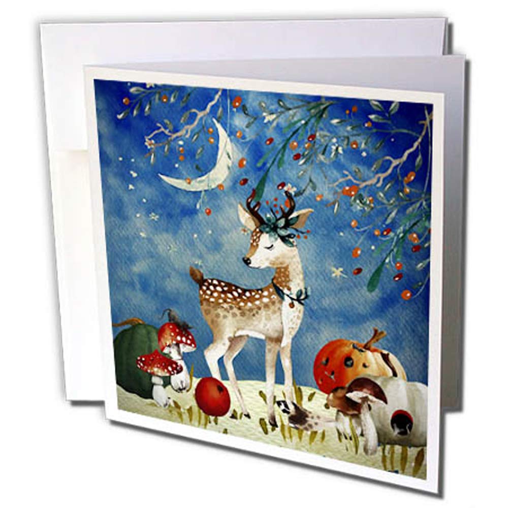3dRose gc_263231_1 6 x 6-Inch "Woodland Friends-Deer in Autumn Forest" Greeting Card (Pack of 6)